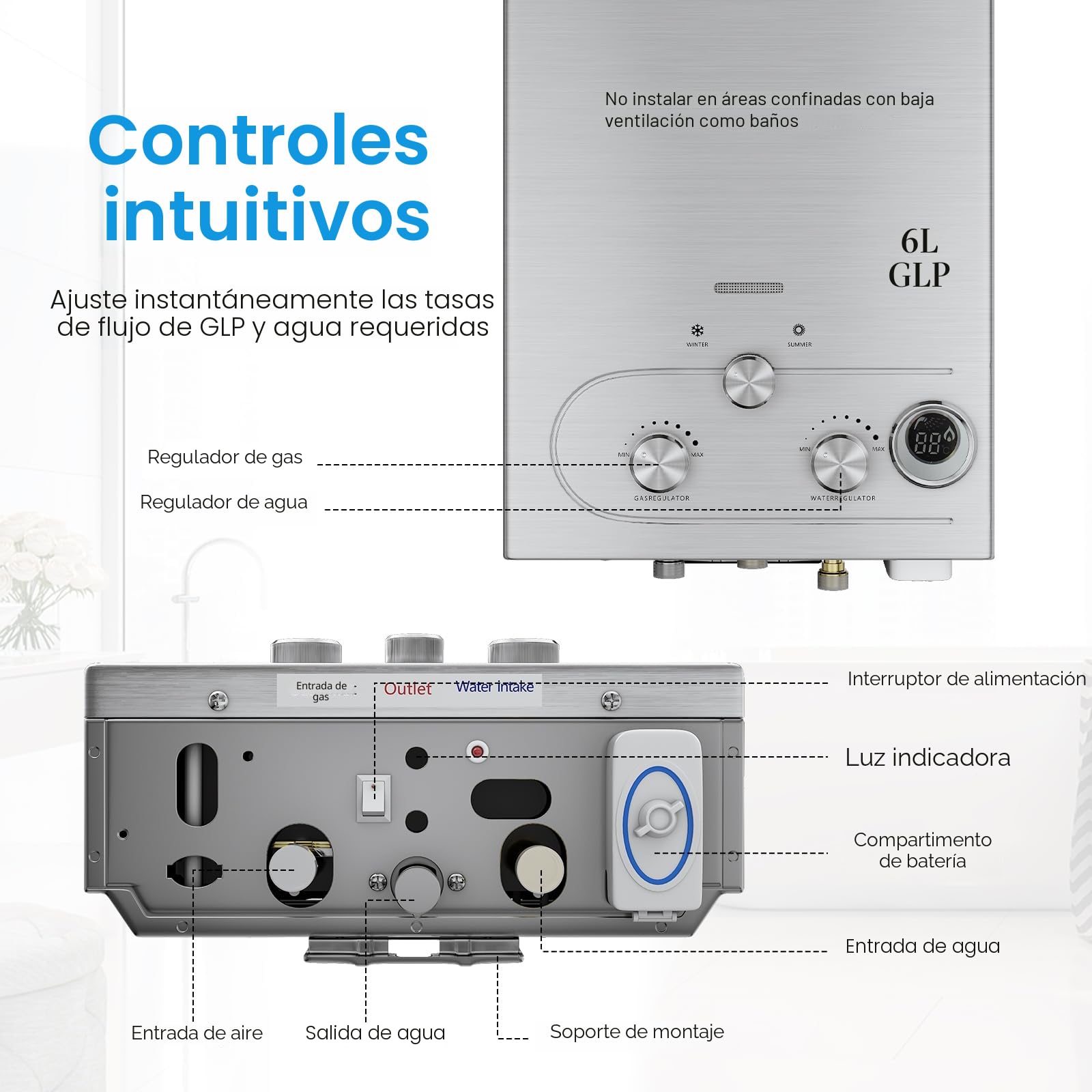 Calentador de agua de gas propano GPL 6L/8L, modo invierno-verano, calentador instantáneo sin depósito 16kw, kit ducha, quemador camping-RV-casa (6L)