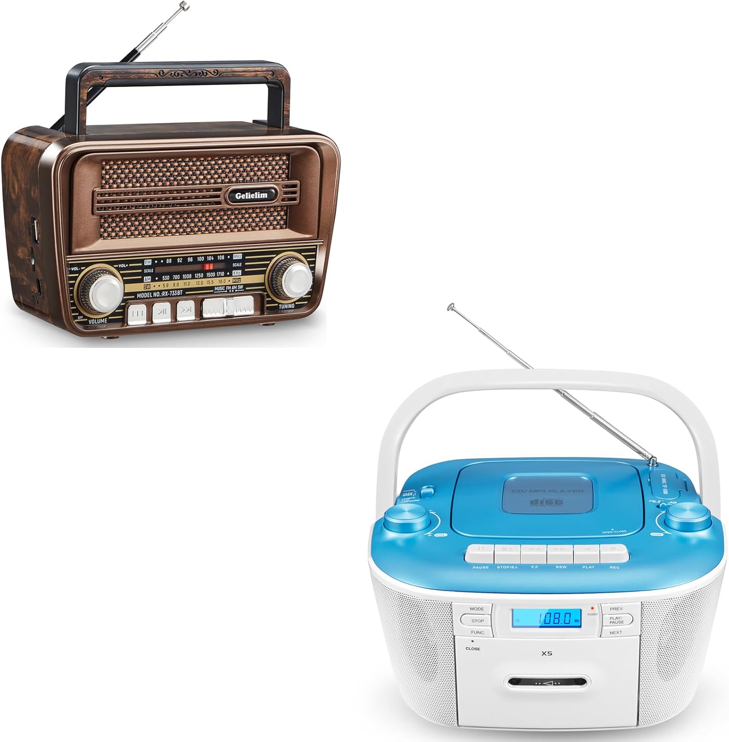 Gelielim Portable Radio AM FM & CD Cassette Player Boombox Combo, Portable Radio AM/FM for Home, Stereo Sound, Tape Recording, AUX/TF/USB Drive, AC/DC Powered