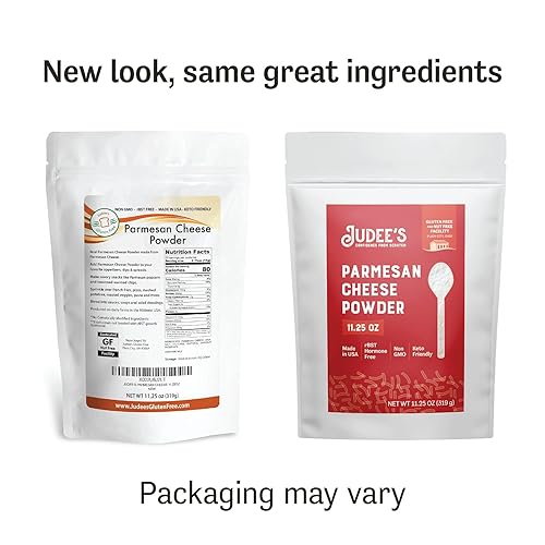 Vista 4 de Judee's Gluten Free Queso parmesano en polvo, condimento rico y sabroso, condimento parmesano y apto para dieta cetogénica, bolsa resellable y polvo