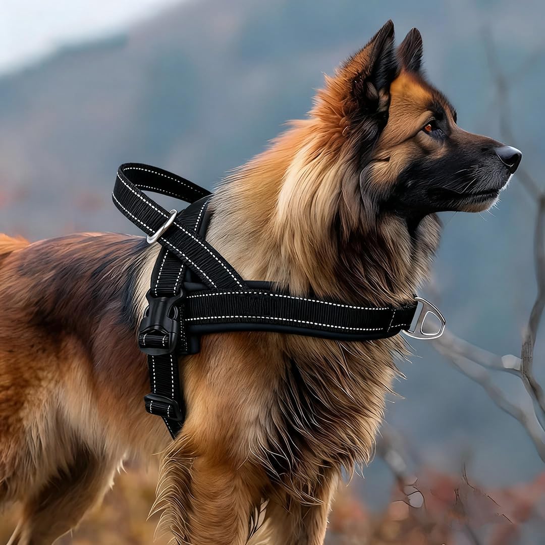 Heavy-Duty No-Escape Dog Harness, Brown Padded Triangular Vest Design, Adjustable Training Harness with Easy Buckles for Small to Large Breeds, Walking and Training (Black, XL)