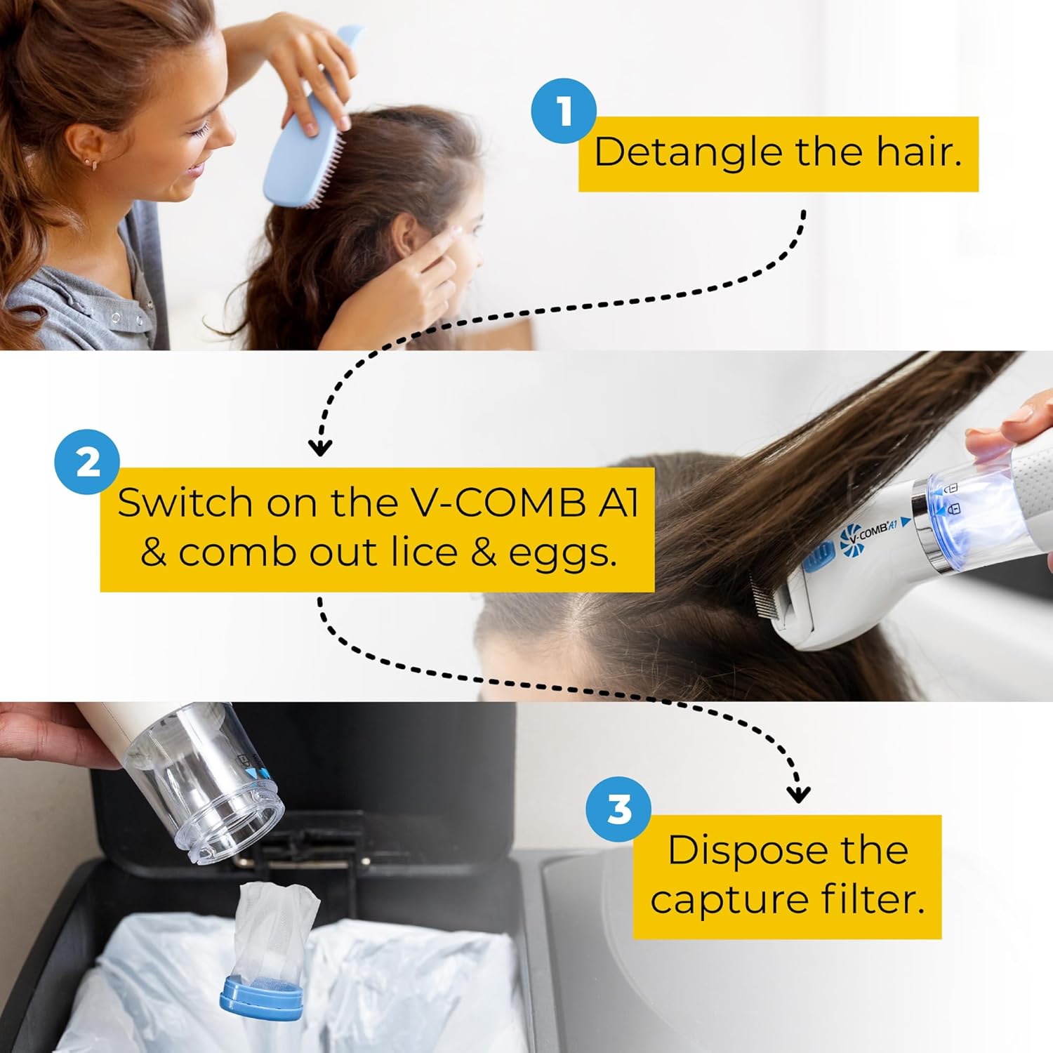 A1 Rechargeable Chemical-Free Lice Removal Electric Comb, Pack of Refill Filters, Natural Head Lice Solution for Children & Adults, Electric Lice Vacuum Comb, for All Hair Types, Gentle Lice Care