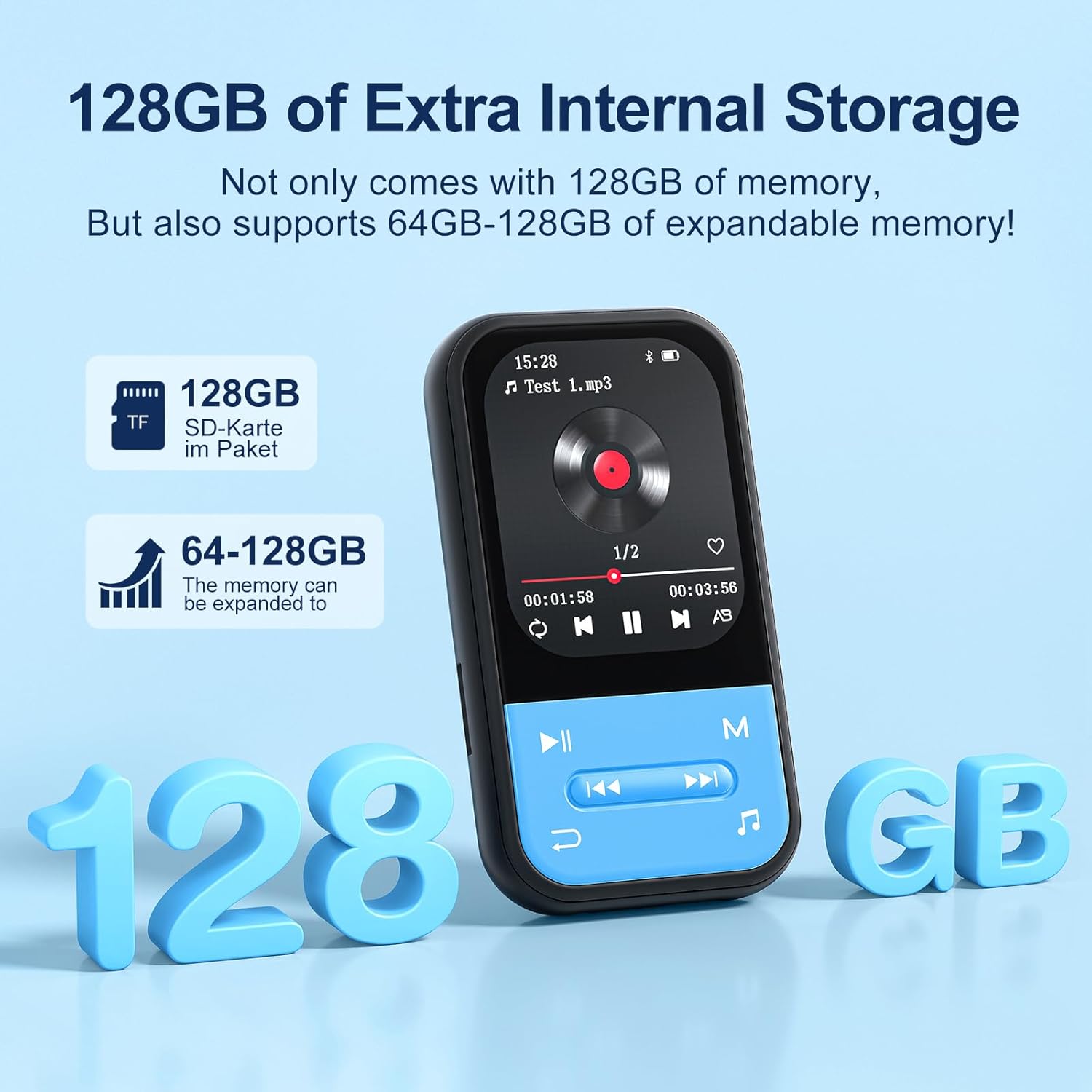 128GB MP3 Player - Clip MP3 Player with Bluetooth 5.3, Portable Music Player with FM Radio, Voice Recorder, Pedometer, Mini Design Ideal for Sport, Earphones Included