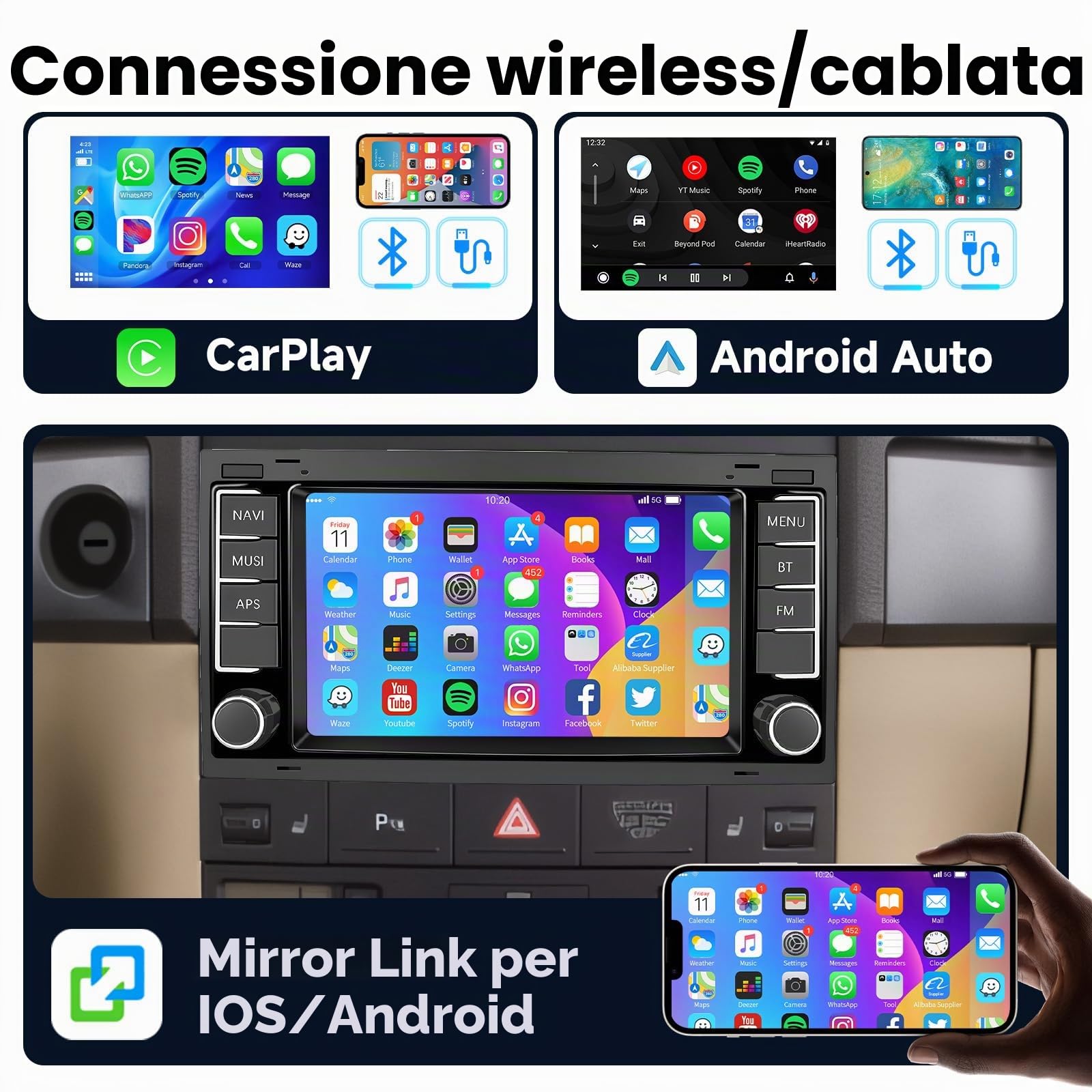 Hodozzy 2G+64G Android Autoradio per VW Touareg Transporter T5 Multivan 2004-2011 CarPlay Android Auto, Navigatore Touch Screen 7 Pollici Bluetooth Radio con GPS WiFi SWC FM/RDS/EQ + Telecamera