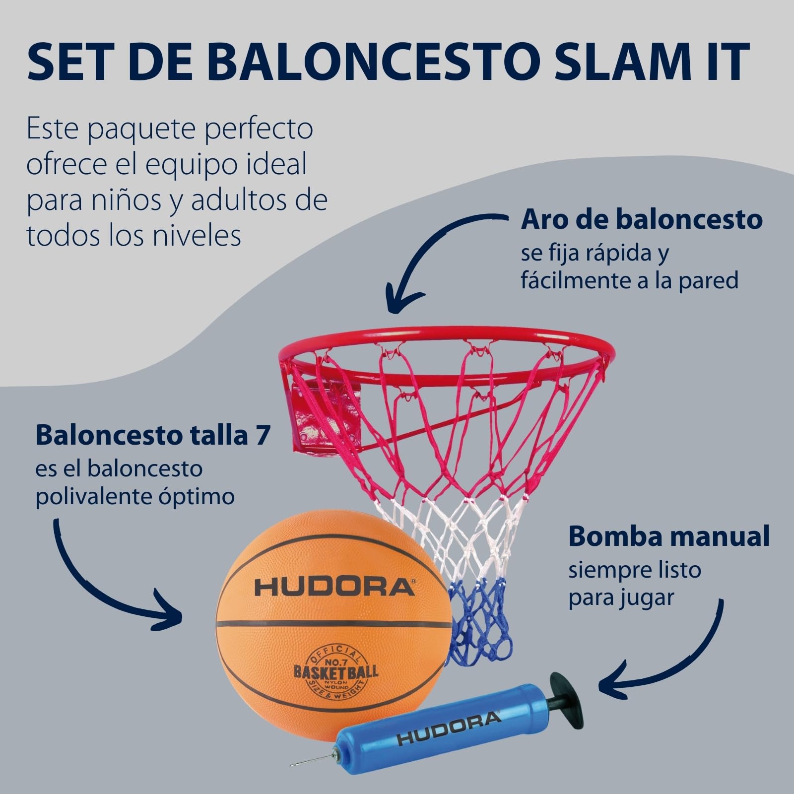 HUDORA - Juego de Baloncesto Slam It - Juego de Baloncesto con Korb, Baloncesto Größe 7 y Bomba de Mano - Robusto Baloncesto para drinnen y draußen - Baloncesto aus Gummi für Kinder & Erwachsene
