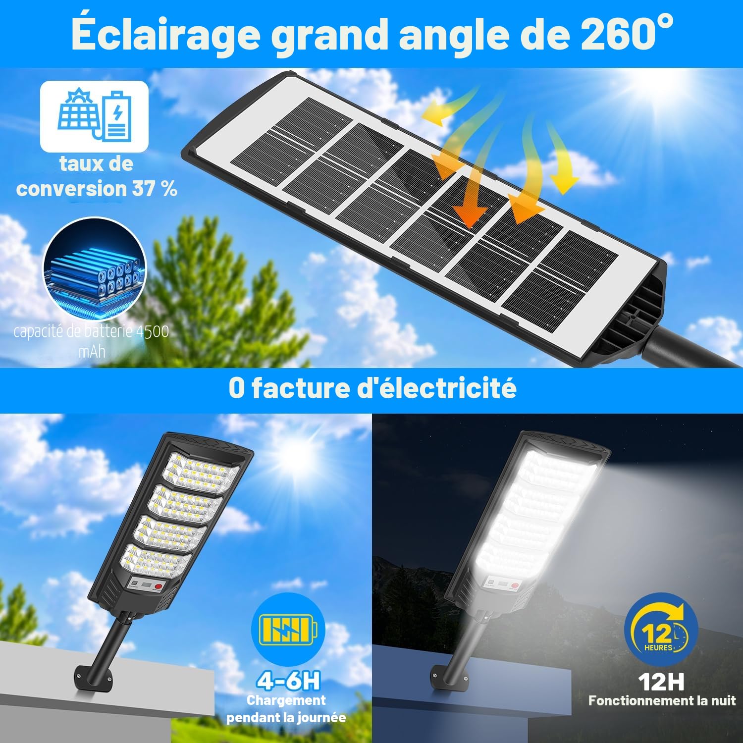 600W Lampadaires solaires extérieurs, Projecteur LED solaire 6500K, IP66 étanche eclairage solaire avec détecteur de mouvement et télécommande, lumières de sécurité lampadaire de jardin garage