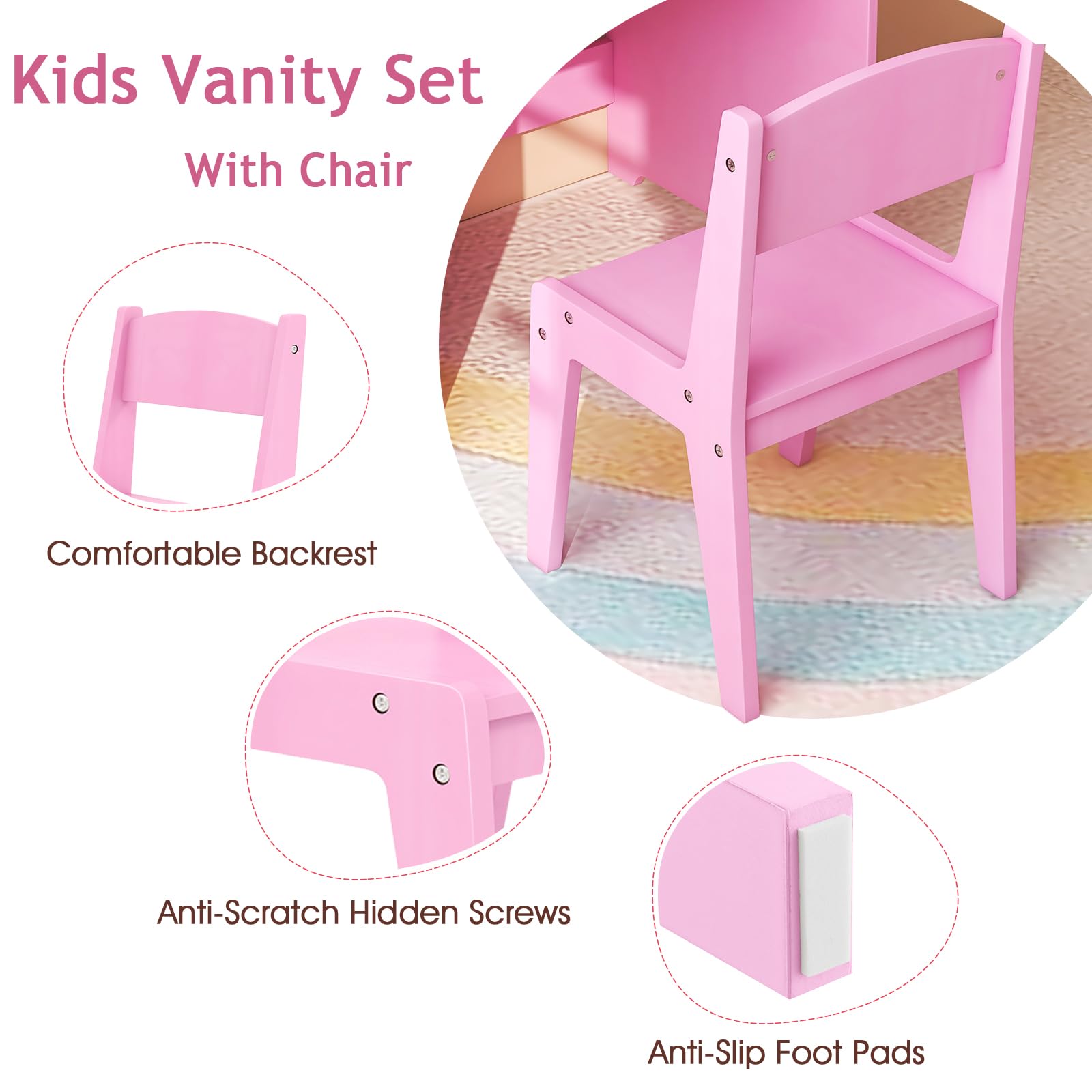 LIFEZEAL 2 en 1 Set de Tocador Niños, Tocador Infantil con Cajón y Estante, Mesa de Maquillaje con Espejo LED y Taburete, para Niñas a Partir de 3 Años