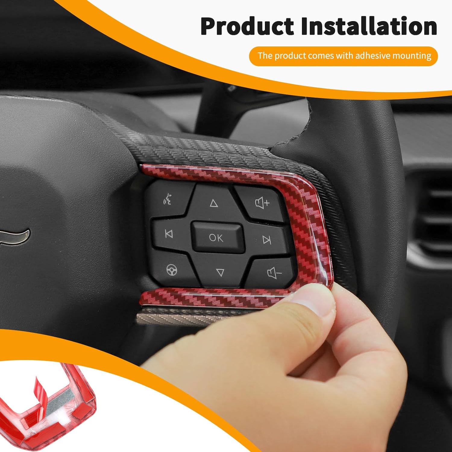 Hoolcar Interior Steering Wheel Cover Center Console Steering Wheel Trim Cover Fit for Ford Mustang 2024-2025, Interior Accessories, Red Carbon Fiber
