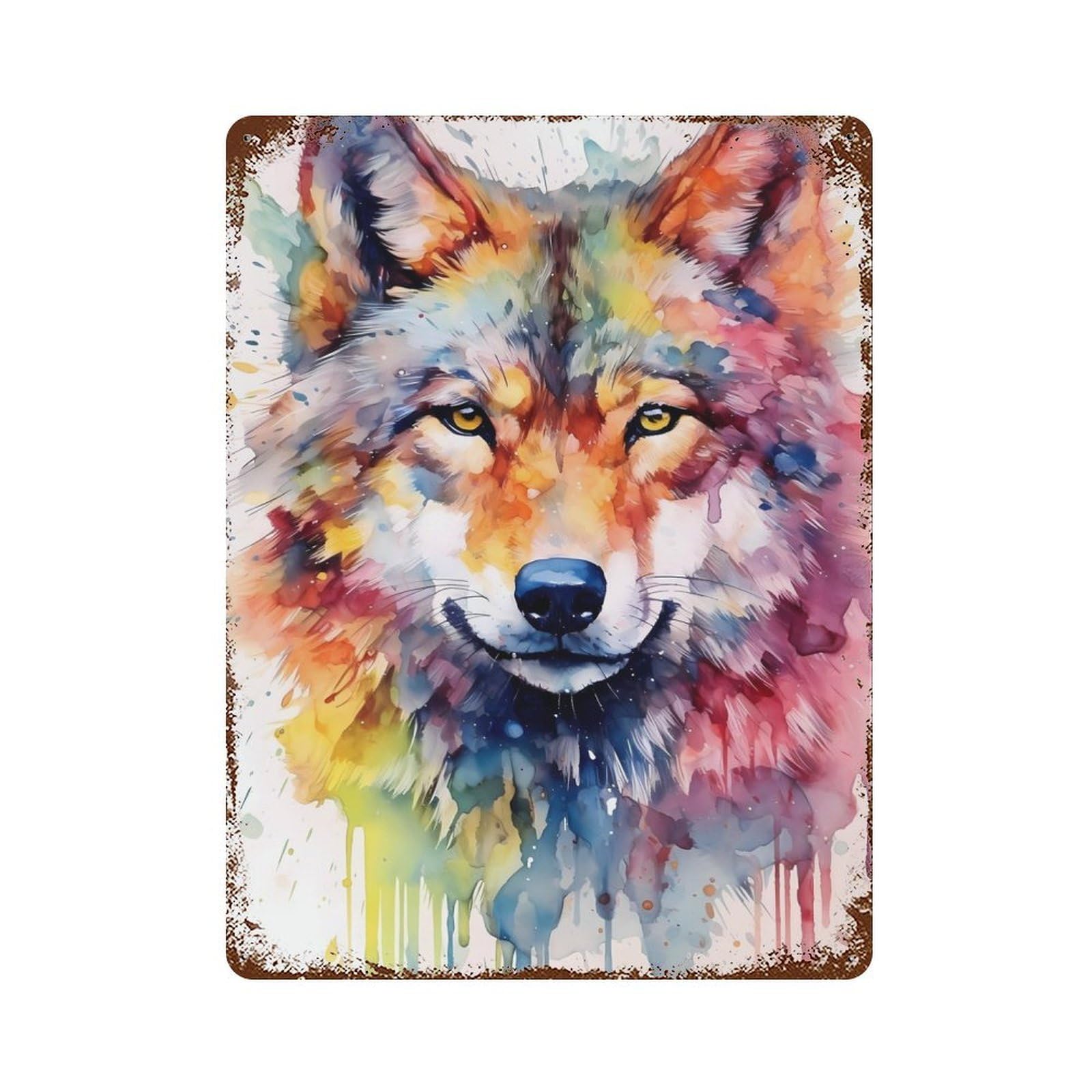 Wolf Watercolor Rust Effect Tin Sign 15.7"x11.8", Industrial Home Decor for Garage, Bar And Workshop Decor