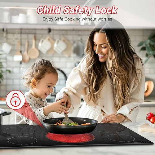 Miniatura 5 de AMZCHEF Estufa eléctrica de 30 pulgadas, 5 quemadores integrados, encimera de vidrio de cerámica de 9000 W con control táctil, 9 niveles de