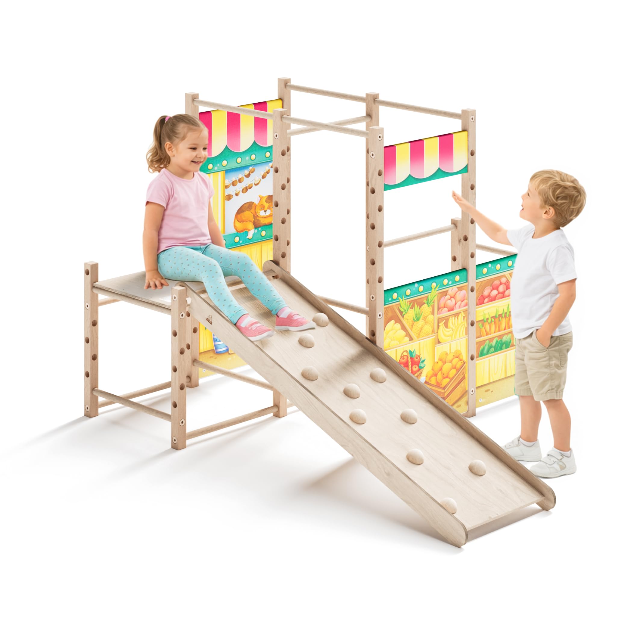 Wewnętrzny plac zabaw do wspinaczki z rampą do wspinaczki – lite drewno – do 100 kg – certyfikat DIN EN 71 – od 3 lat (rynek)
