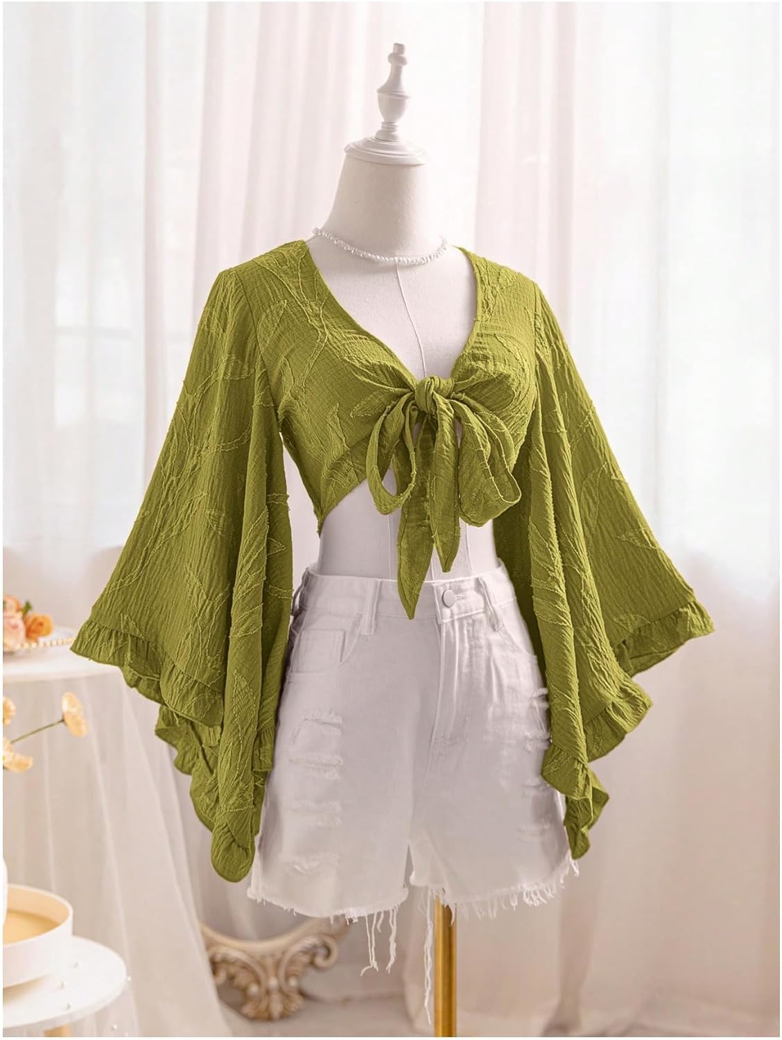 QJQ Women's Floral Ruffle Boho Crop Tops 70s Hippie Disco Western Outfits 3/4 Bell Sleeve Tie Front Deep V Neck Blouses - Image 5