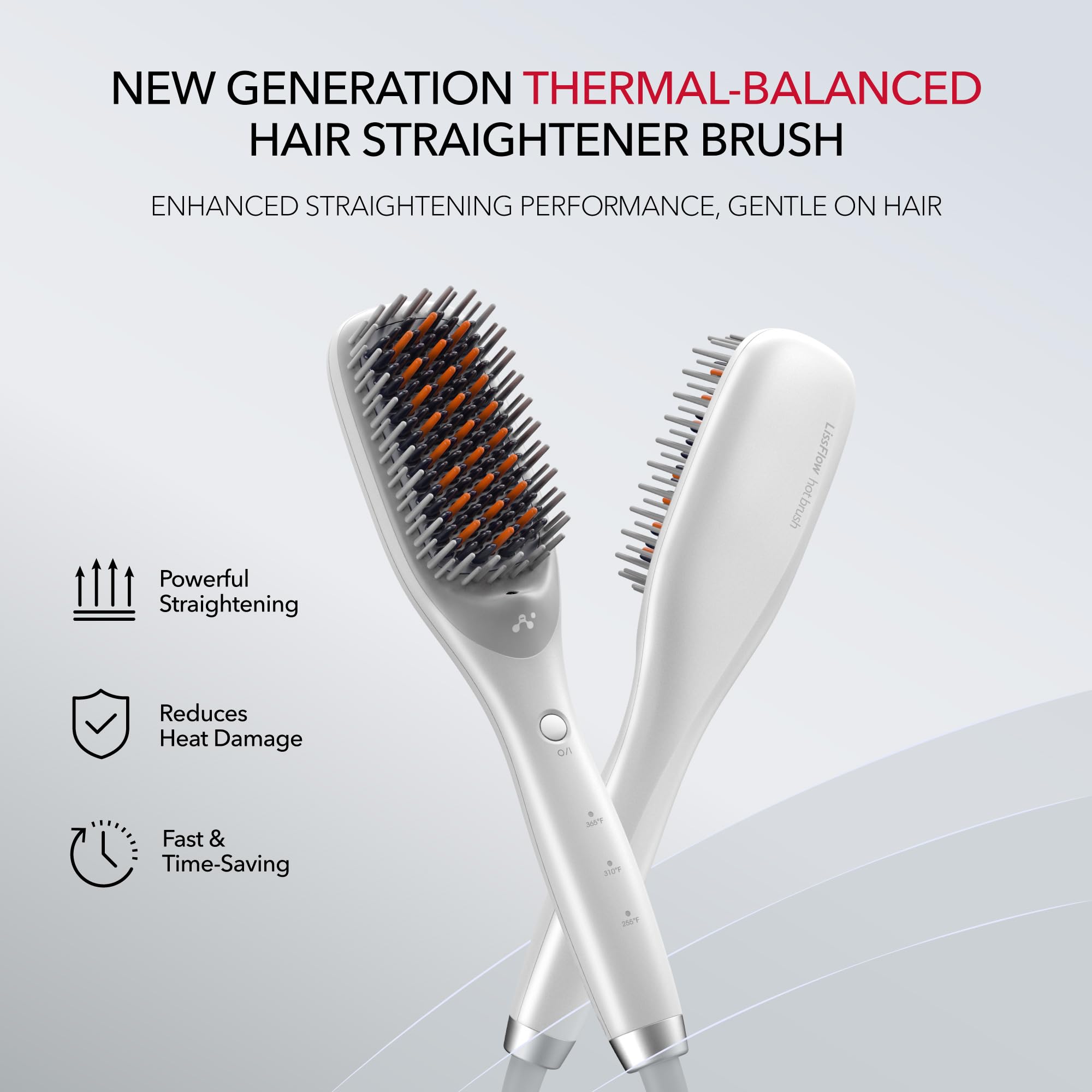 LissFlow Thermal-Balance Hair Straightener Brush, 365°F Optimum Styling Temp with Heat Damage Prevention, 200M+ Negative Ions, Anti-Frizz Ceramic Coating, Dual-Voltage, White