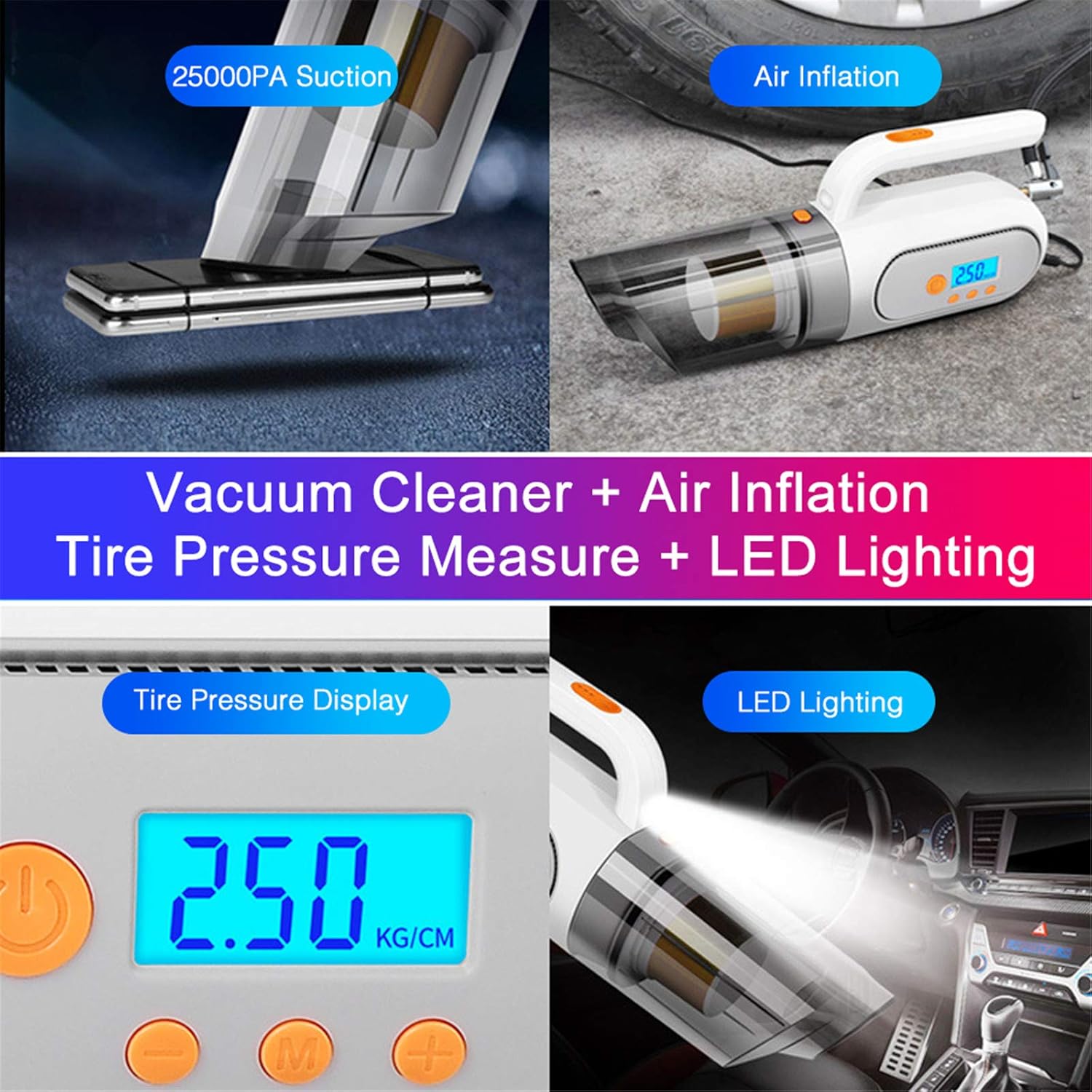 携帯型多機能自動車の真空掃除機ハンドヘルド車の掃除機4の1つの車の掃除機の空気ポンプ,白