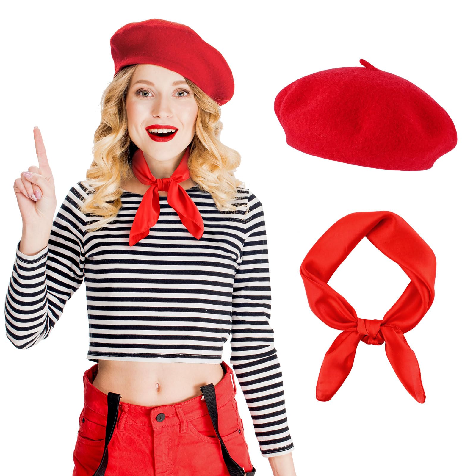 DOCILA Red Berets for Women Ladies Silk Bandana Scarf Retro French Themed Party Painter Cap 50s Cosplay Outfits Accessories Halloween Christmas Costume Gift