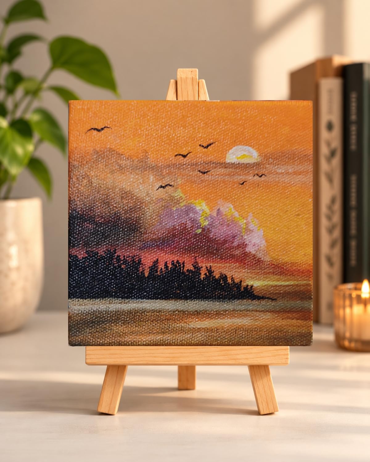 Mini Sunset Landscape Acrylic Painting with Easel Stand, 4x4 inch, home decor | Sunset and clouds Canvas Art,, Tabletop Display, Handcrafted, Home Decor-picture-48