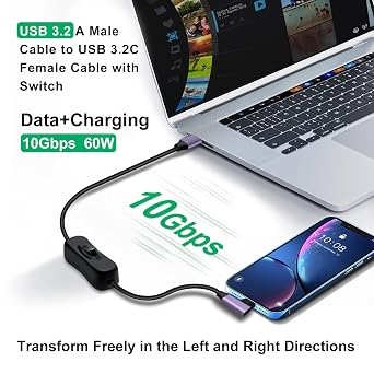 USB to USB C Cable 90 Degree with On Off Switch 3A 60W Fast Charging Right Angle USB C Cable 10Gbps Data Transfer,USB 3.2 Type A to C Cable for Tablets,Laptops,Phone (90 Degree, 1 m)