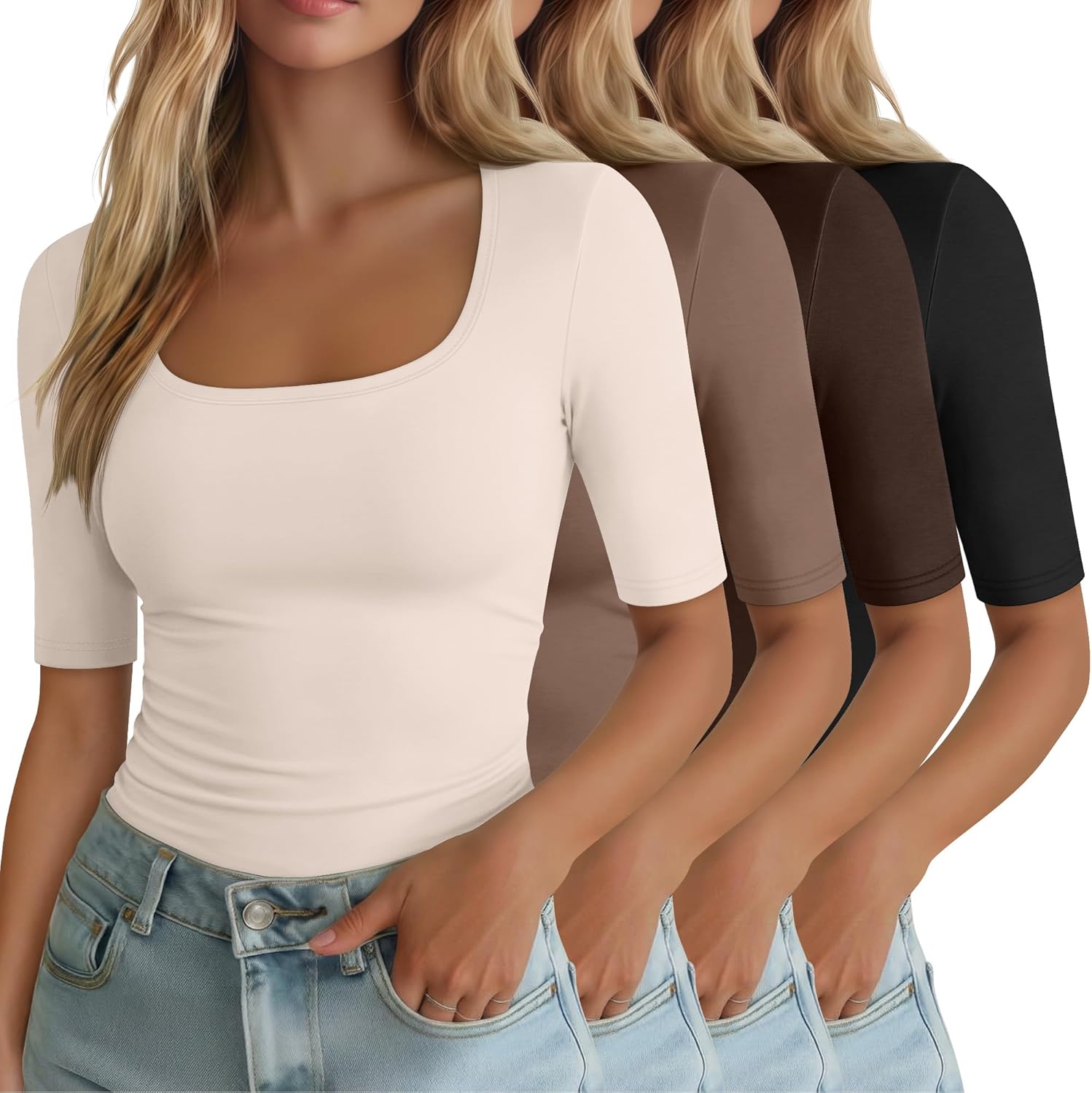 Neer 4 Pack Women's Half Sleeve Shirts Cotton Blend Elbow Length Tees Stretchy Square Neck Slim Fitted Casual Basic Tops