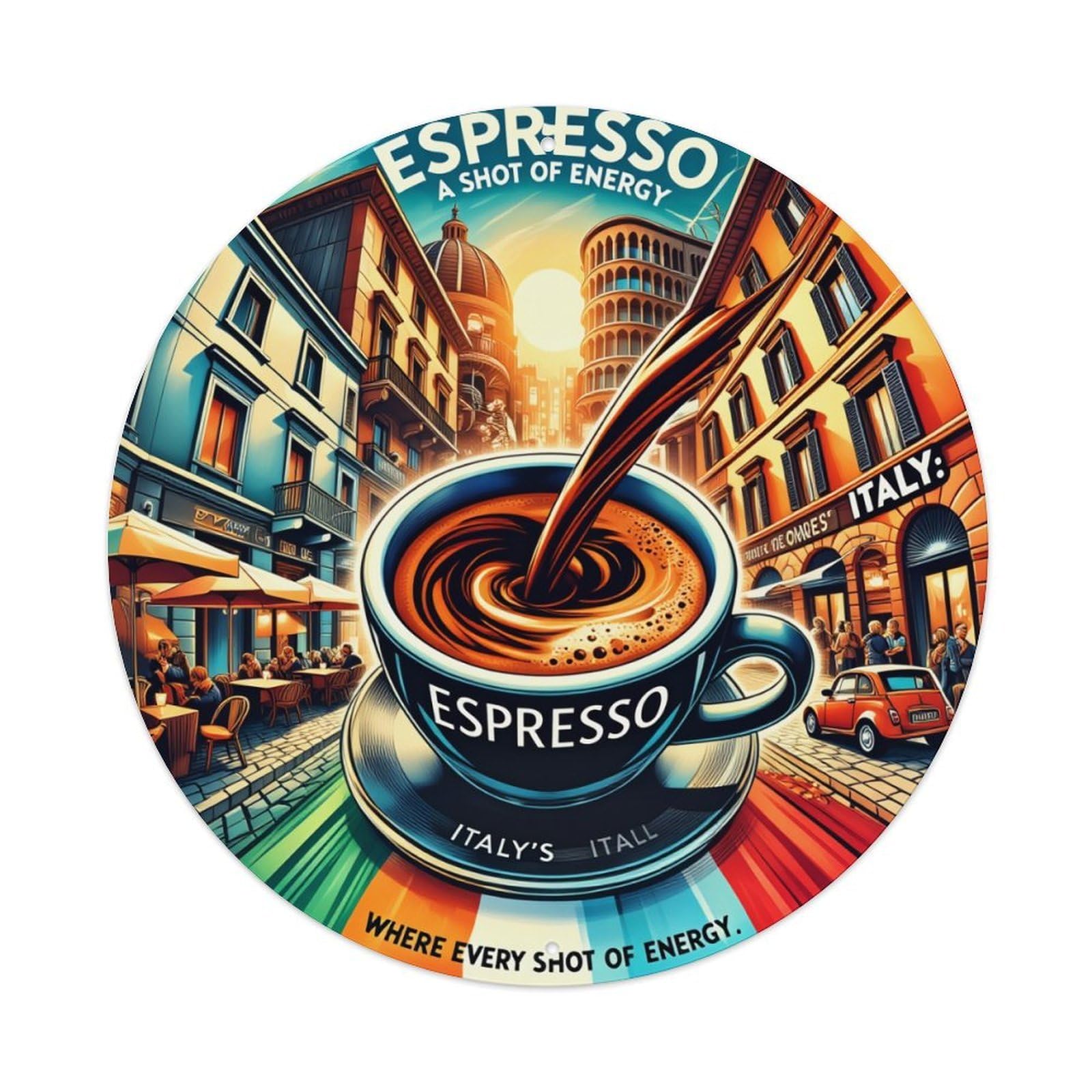 Espresso Energy Italy Street Coffee Round Tin Sign Vintage Metal Sign Home Bar Garden Indoor & Outdoor Wall Decor Retro Metal Poster 8x8 Inch