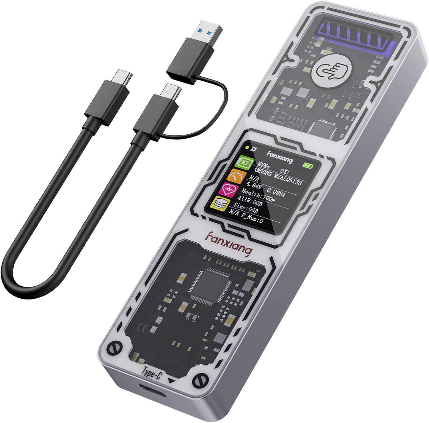 fanxiang SSD Enclosure With Smart Display,M2 PCIE NVMe 2230/2242/2260/2280,USB3.2 Gen2 10Gbps 4TB B&M-Key M.2 NVMe/SATA Enclosure,Compatible with TV、PS5/PS4(PRO)、Xbox、Mac、OTG Phone
