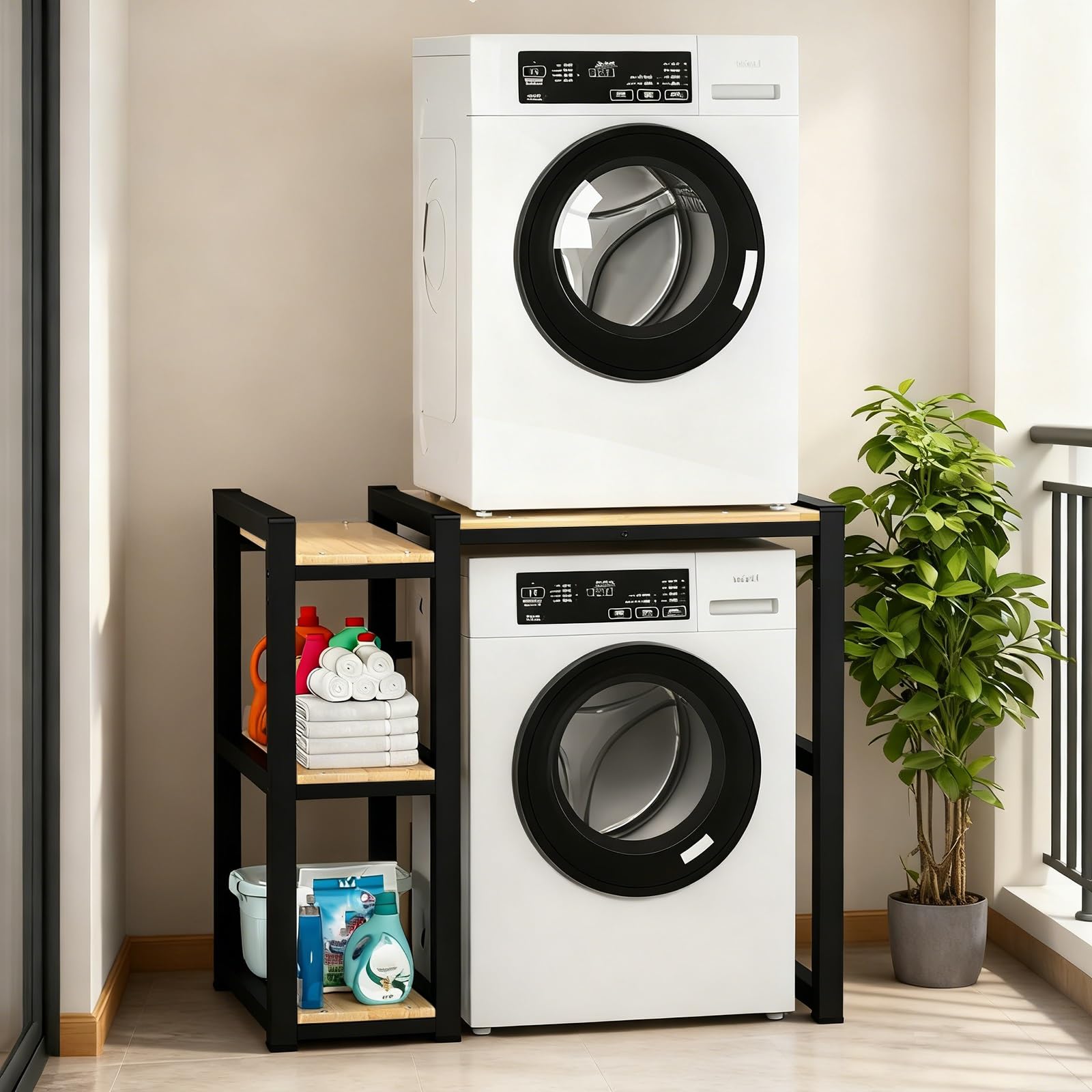 Scaffale Lavatrice Asciugatrice Con Telaio Laterale, Lavatrice Scaffale Tamburo Lavastoviglie Ripiano Di Stoccaggio, 3 Regolabili In Altezza Per Bagno, Lavanderia(Black)