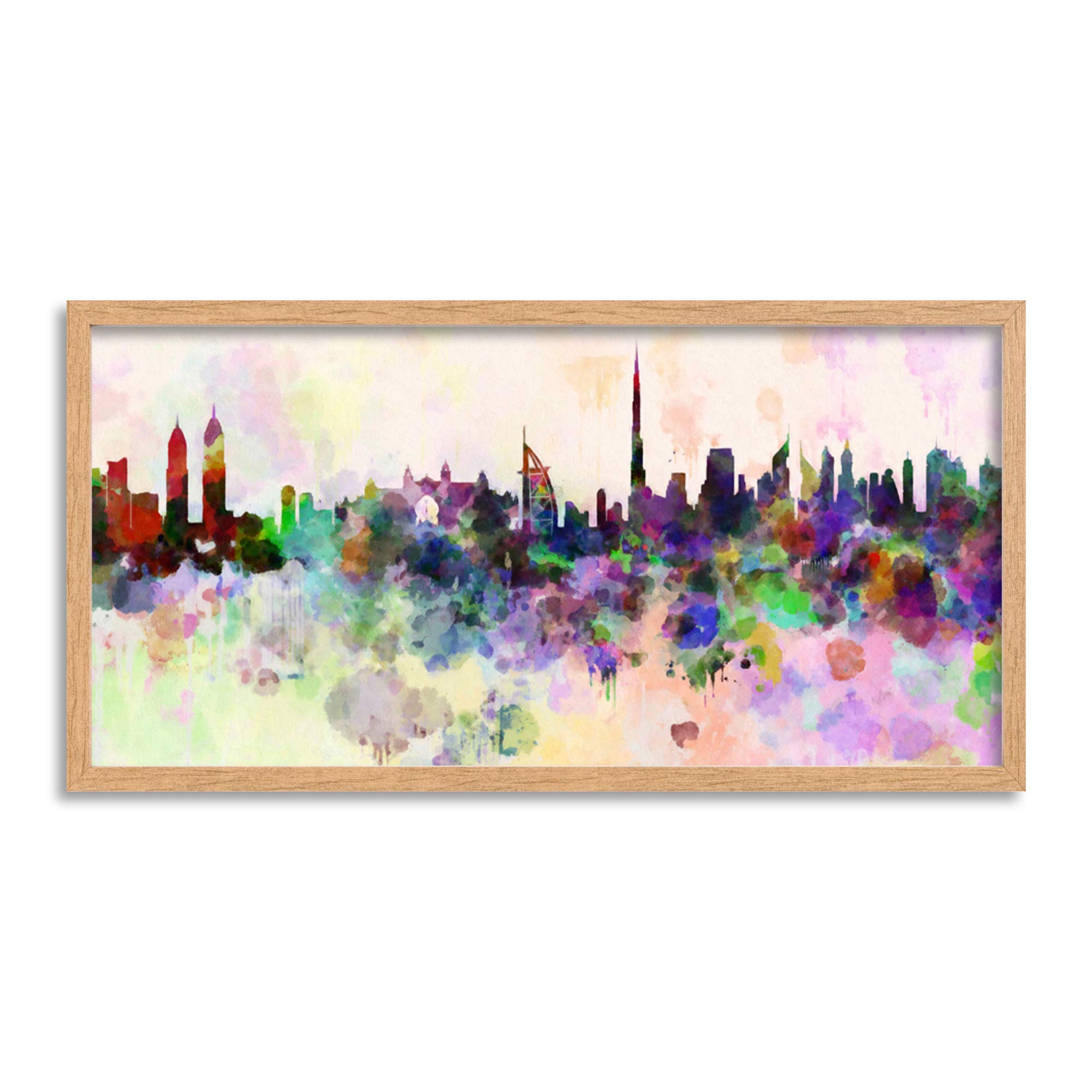 Wee Blue Coo Dubai Skyline Paint Splash Cityscape Long Panel Framed Wall Art Print