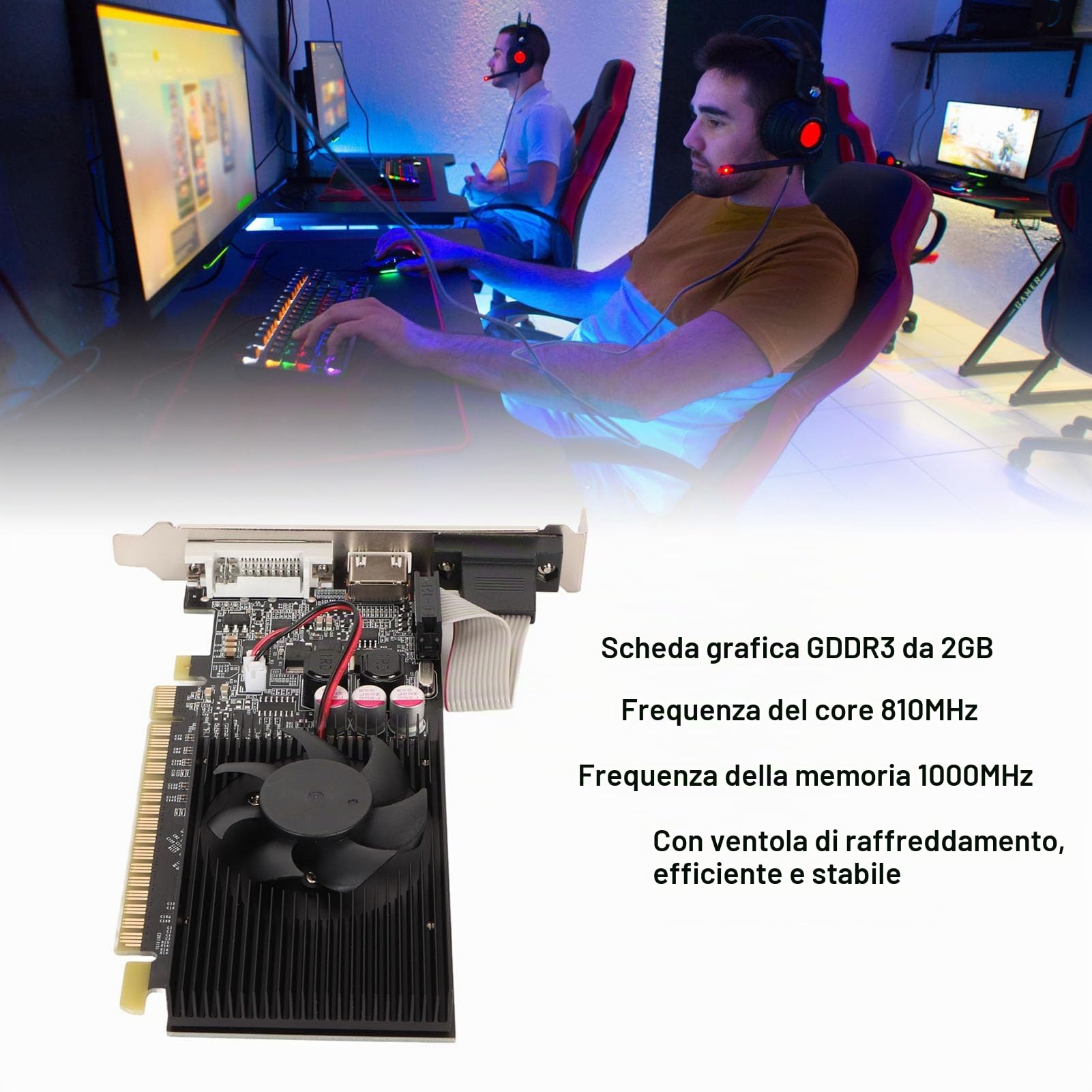 Bewinner Scheda grafica GT730, scheda grafica DDR3 da 2 GB, scheda grafica PCI Express X16 2.0 con interfaccia HDMI DVI-VGA, scheda grafica PCI Express X16 2.0 con ventola
