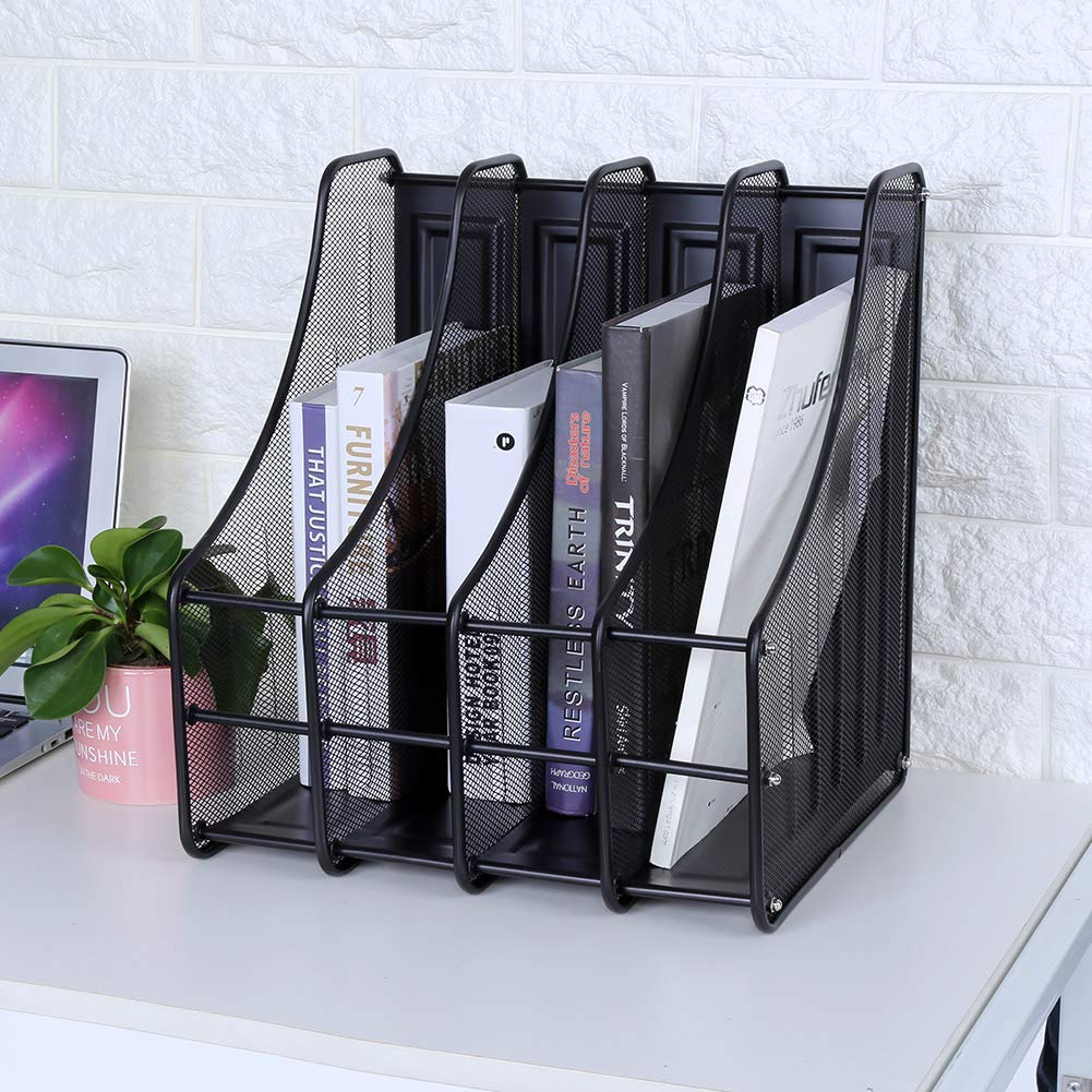 Organizer per portadocumenti in metallo con 4 slot, supporto verticale per ufficio, scrivania, casa, nero, 28x34,5x35 cm