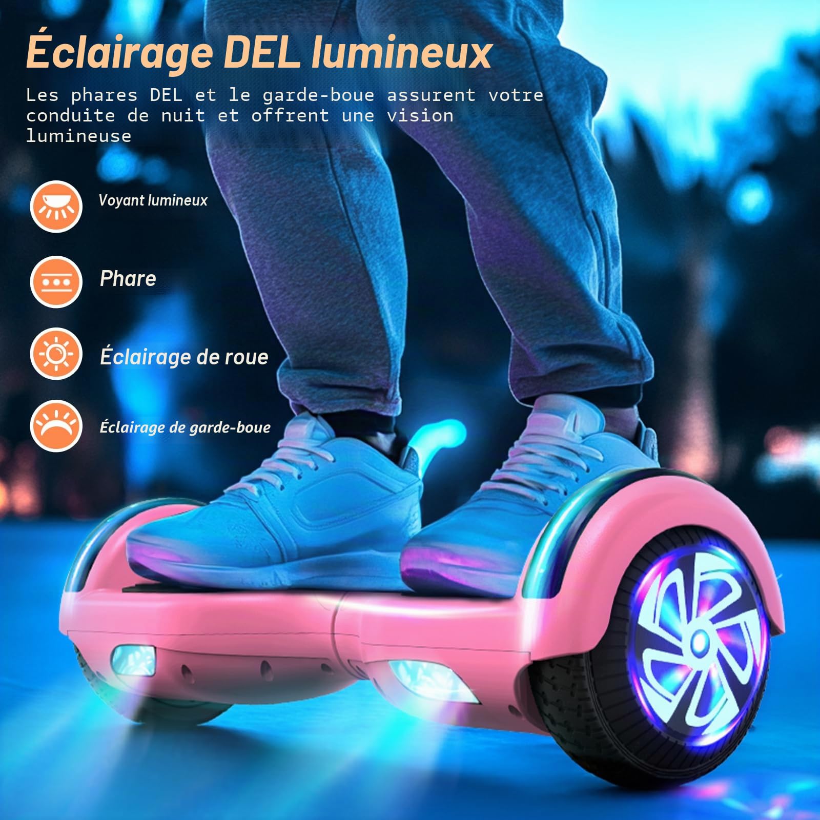 Hoverboard électrique auto-équilibré avec bandes lumineuses LED 6,5" (6,5 pouces), auto-équilibrage avec technologie d'équilibre active