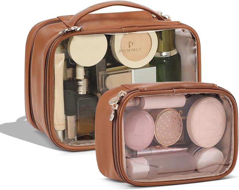 Necessaire de maquiagem Pocmimut transparente com bolsa grande e pequena, marrom