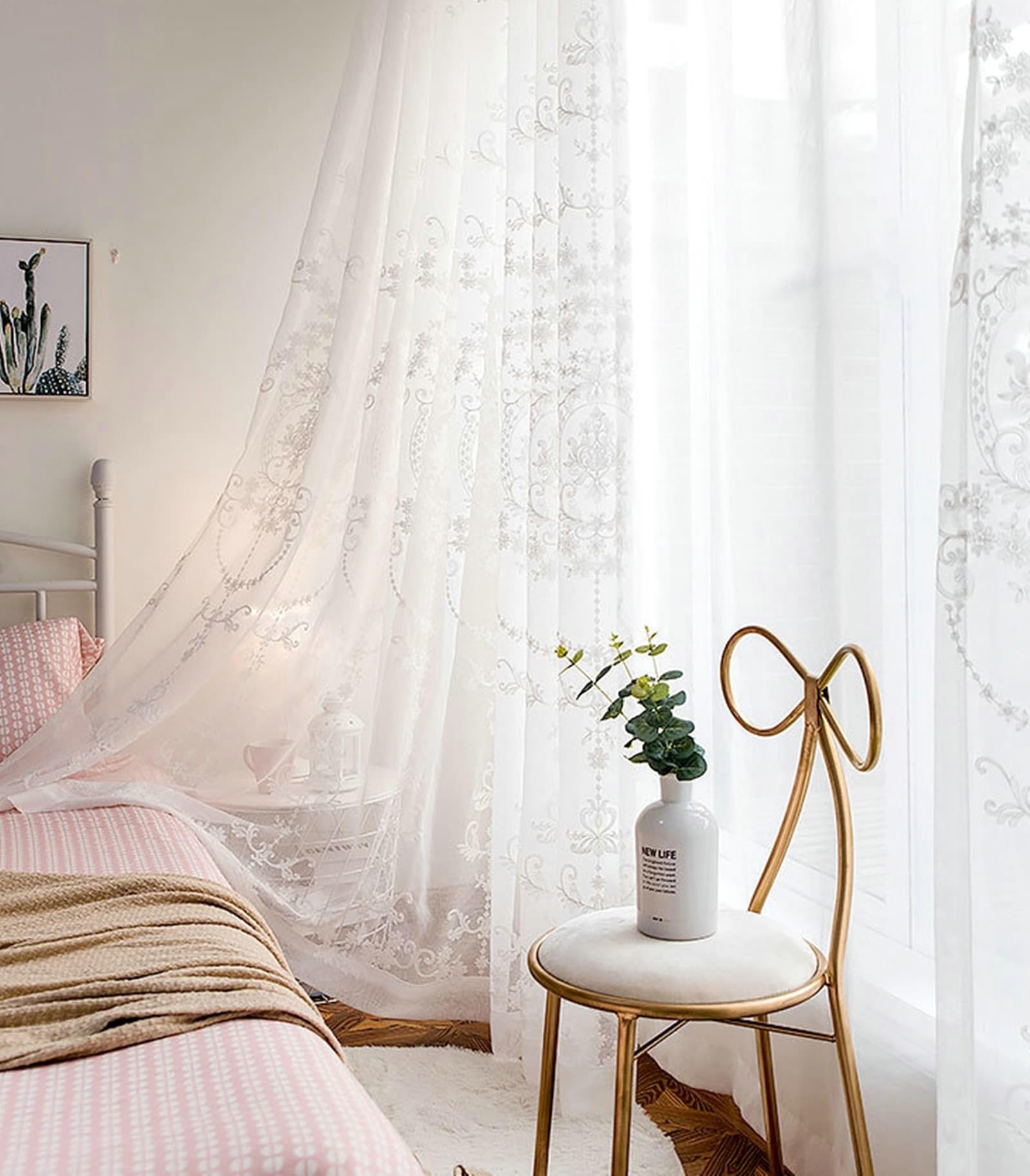 Fenster Voile Vorhänge mit Ösen 183 Lang, Polyesterleinen Vorhänge Blumen Bestickt 2 Stück Weiß für Schlafzimmer, H183 x B102 cm