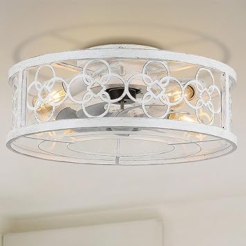 20" Caged Ceiling Fan with Light and Remote, Low Profile Ceiling Fan with Light, Bladeless Enclosed Ceiling Fan with 6 Speed Reversible, Industrial Flush Mount Ceiling Fan for Bedroom Living Room
