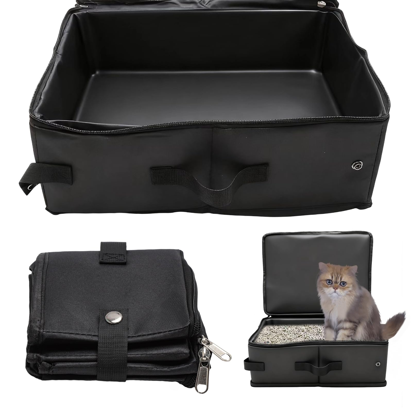 Bandeja de Arena Plegable Portátil de Viaje para Gatos con Tapa, 40 × 30 × 14 cm, Color Negro, Caja con Cremallera, Viajes, Camping y Coche al Aire Libre