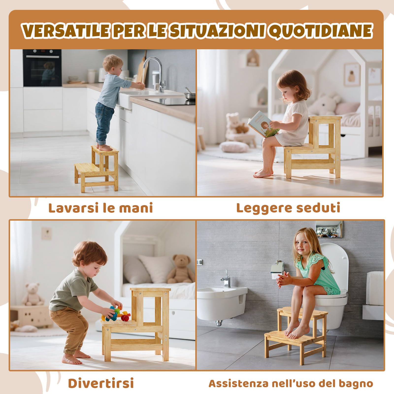 COSYLAND Sgabello Bagno Bambini in Bambù a 2 Gradini Antiscivolo Fino a 136 kg Naturale