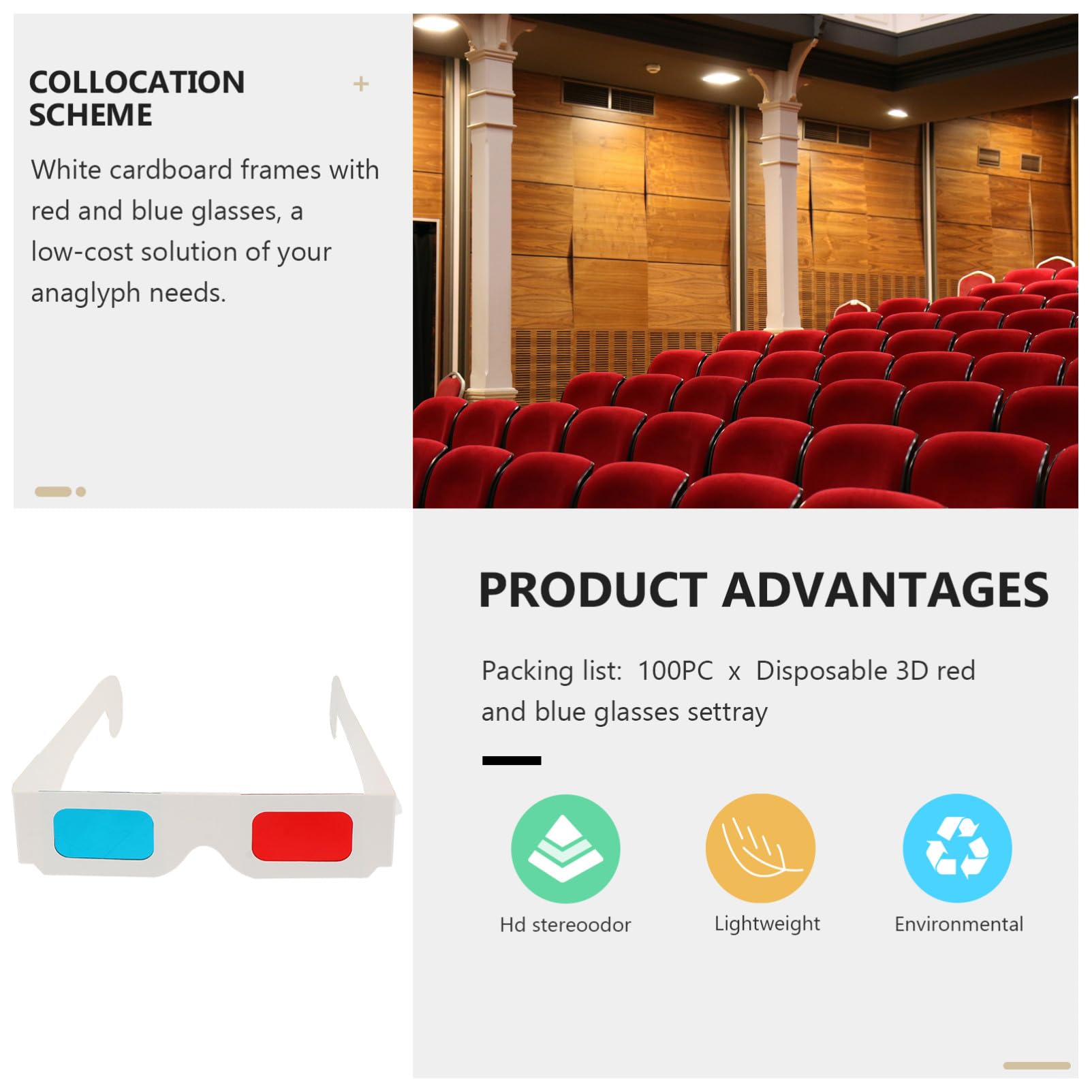 BESPORTBLE 100 Gafas de Cartón Anaglifo 3D para Películas y Vídeos, Lentes Rojo-Azul Compatibles Cine, Hogar y Regalos, y Seguros para Niños y Adultos