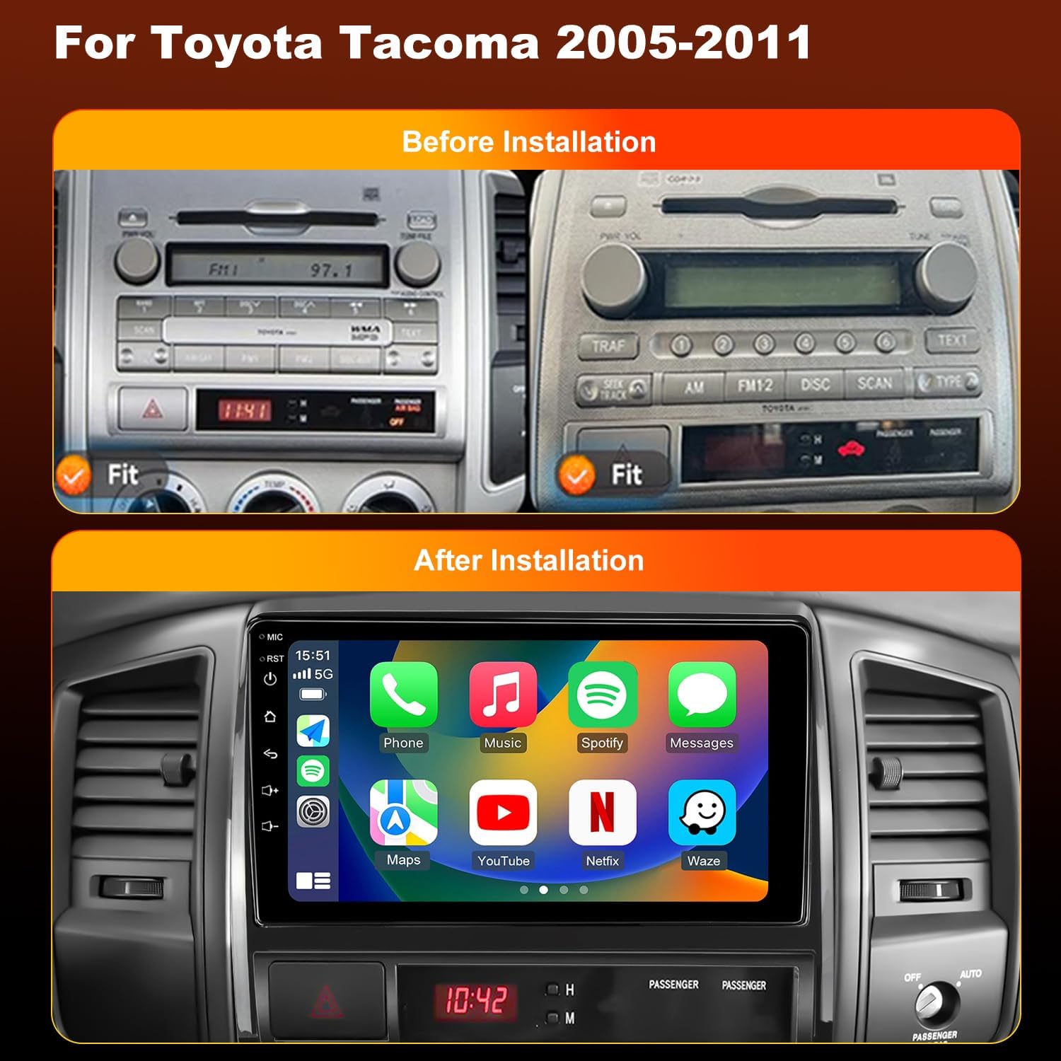 Before and after installation comparison of the car radio in a Toyota Tacoma dashboard.