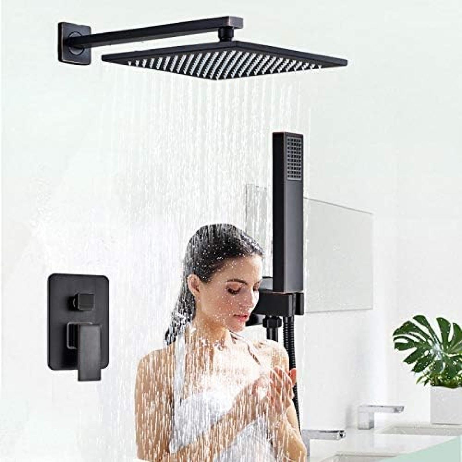 Robinet de douche à effet pluie mural 16 pouces en bronze noir et pommeau laiton encastré