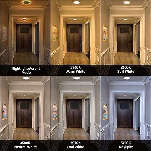 Miniatura 6 de Meconard Paquete de 12 luces LED empotrables 5CCT de 4 pulgadas con luz nocturna, 2700 K3000 K3500 K4000 K5000 K, luces de techo LED ultrafinas