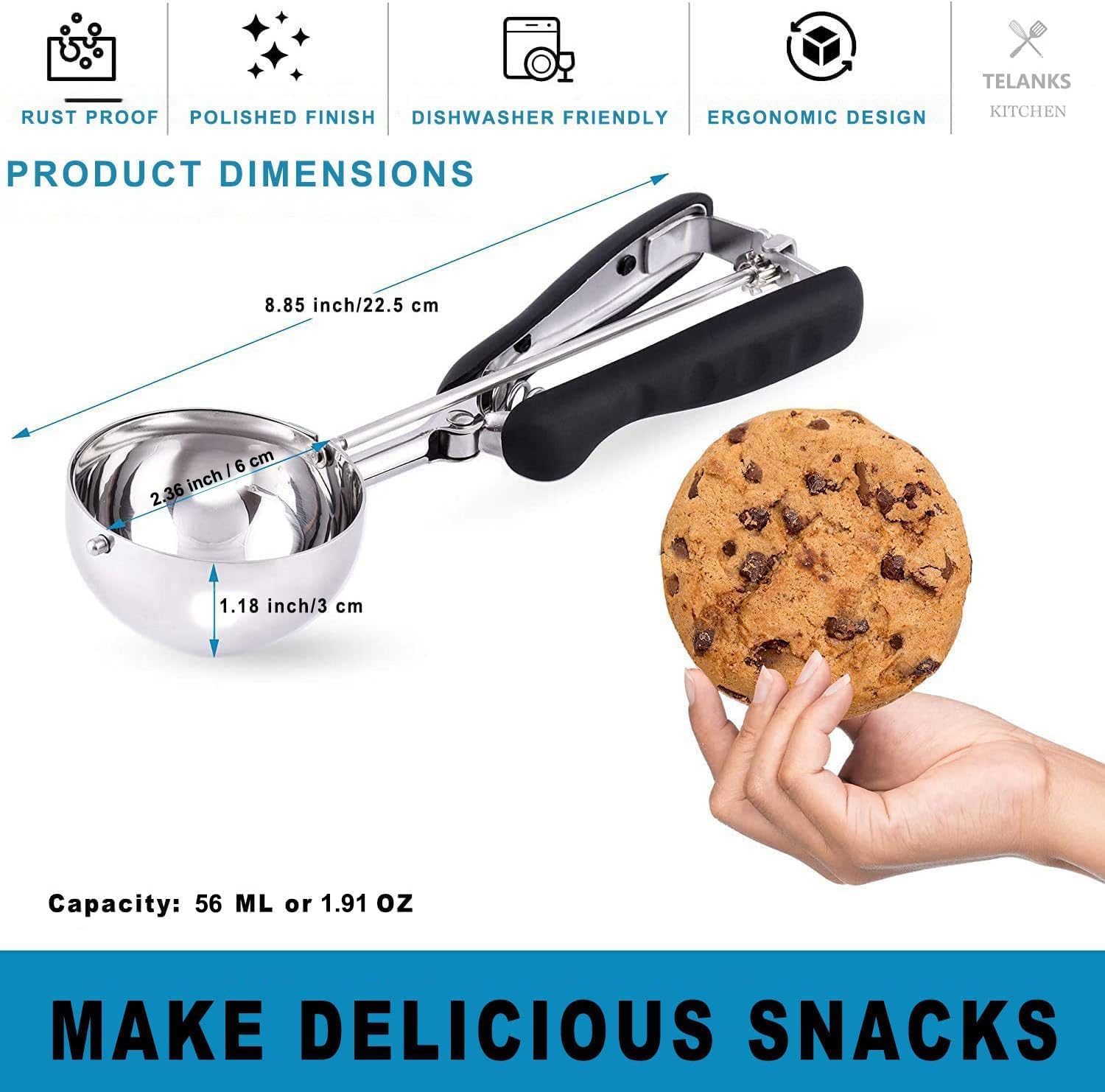 Cucchiaio per Gelato 6 cm, Porzionatori da Gelato, Cucchiaio Porzionatore Paletta, Dosatore Gelato per Gelato, Biscotti, Torte Impasto, Melone, Cucchiaio per Gelato in Acciaio Inox, BQLSH-1