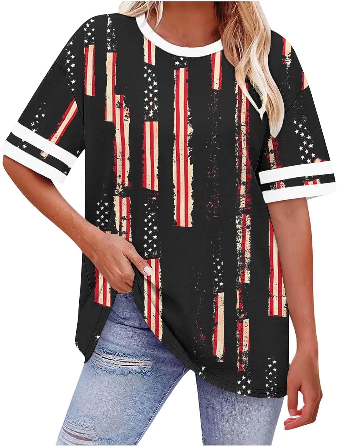 Women's American Flag T-Shirt Distressed Paint Splatter Graphic Tee Athletic Short Sleeve Patriotic 4th of July Top