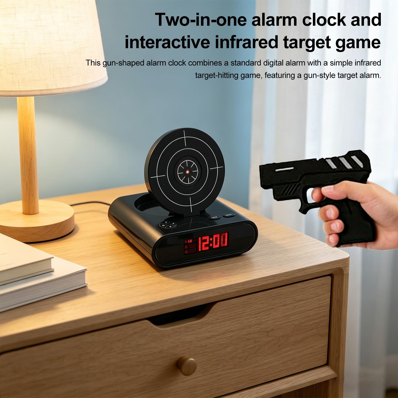 Reloj despertador con pistola y pantalla LED, reloj despertador personalizado, personalización de tonos de llamada, 2 modos de alarma para personas que duermen con mucha fuerza, novedad para niños y