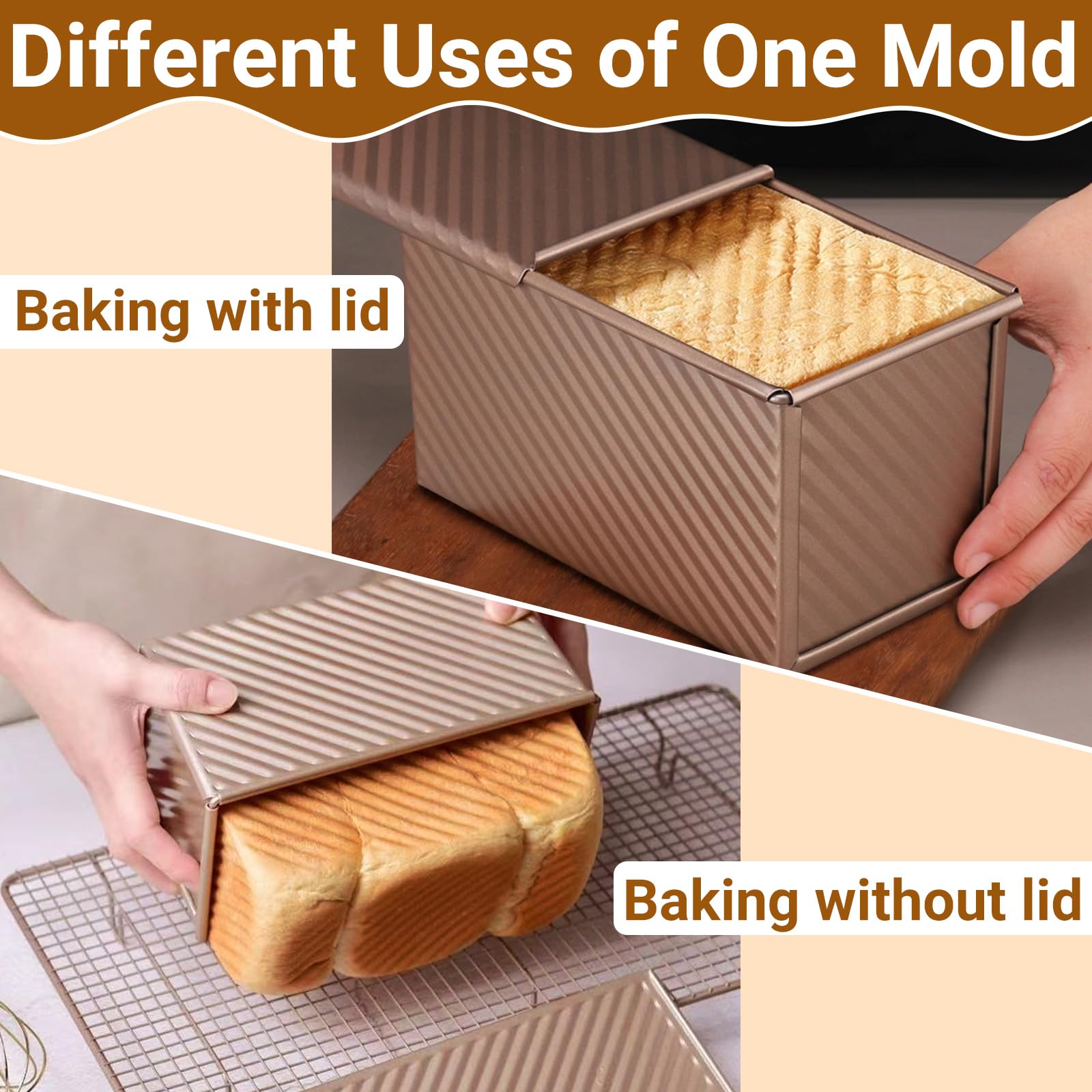 Lot de 2 Moule à Pain de Mie avec Couvercle – Moule Antiadhésif avec Couvercle pour Pain, Gâteaux & Pâtisseries, Moule a Brioche, Inclus 1 Spatule en Silicone et 1 Pinceau en Silicone.