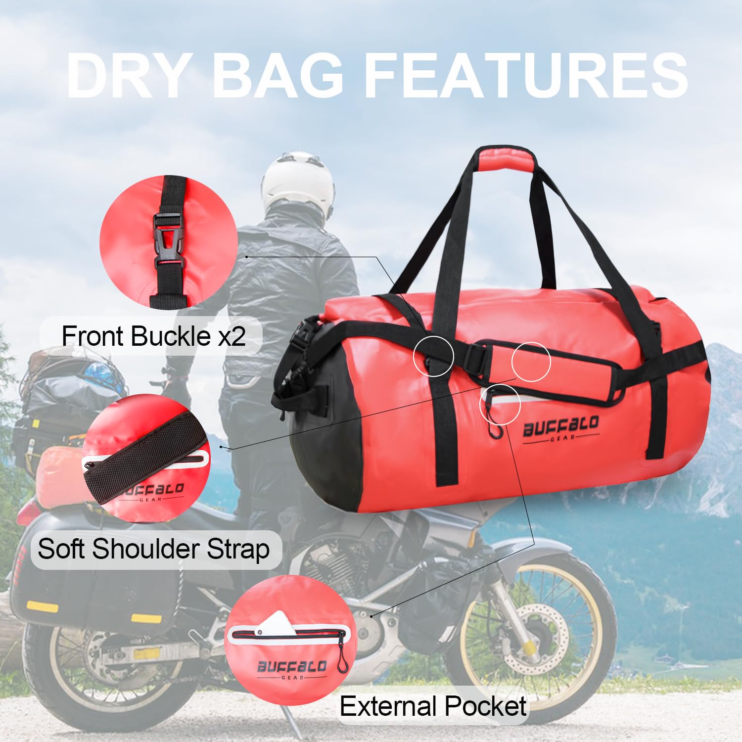 Buffalo Gear 80 l wasserdichte Reisetasche für Kajakfahren, Bootfahren, Angeln, Camping, Rot