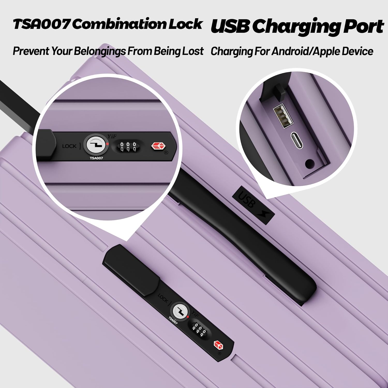 Zipperless Hard Shell Carry On Luggage, Wide Handle Travel Suitcase, Airline Approved Hard Shell Suitcase with 360°Silent Spinner Wheels, TSA Lock, USB Charging Ports-20 inch Lavender Purple