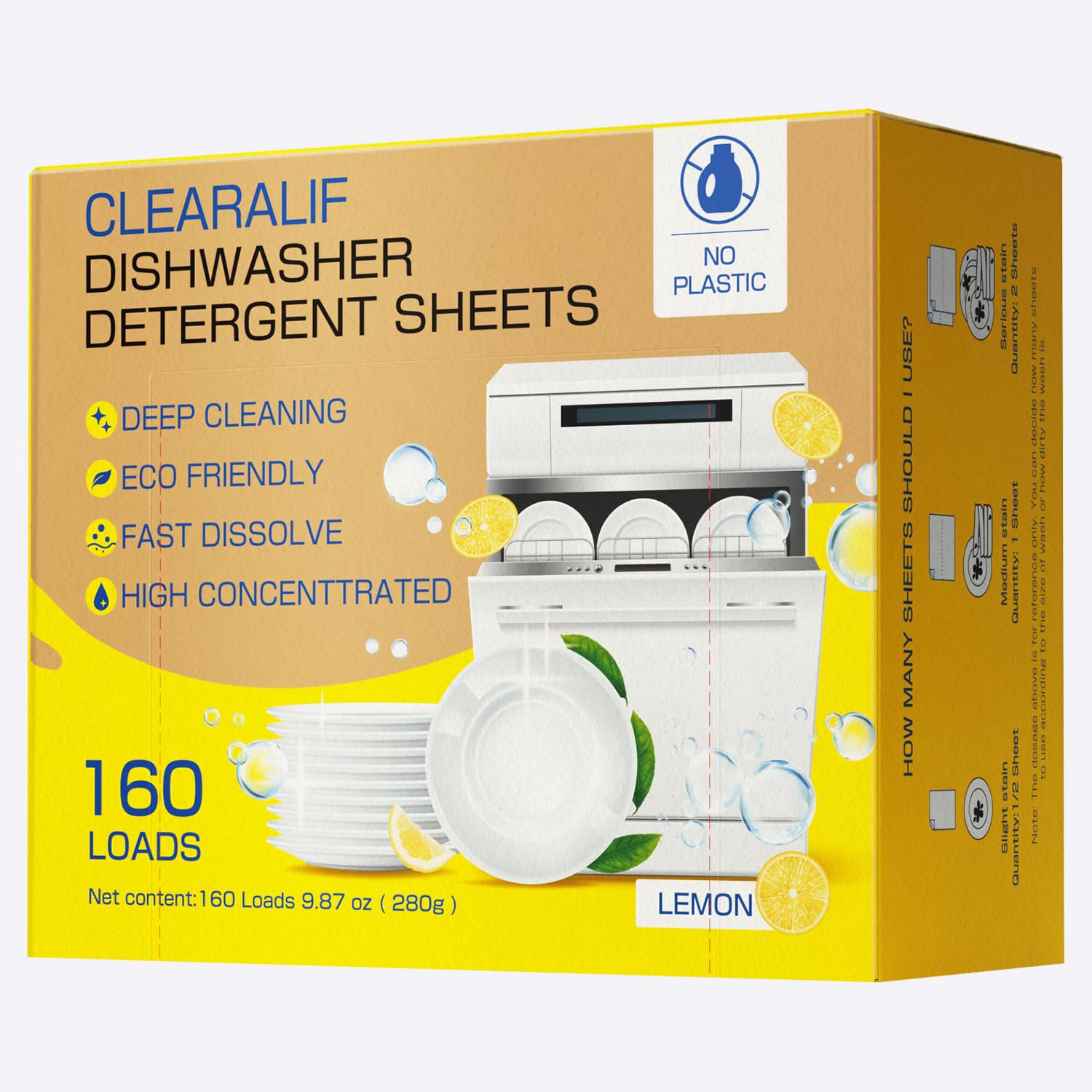 CLEARALIF Dishwasher Detergent Sheets, Lemon Scent, Up To 160 Loads, Eco Dishwashing Soap Strips for in Dishwasher or Sink