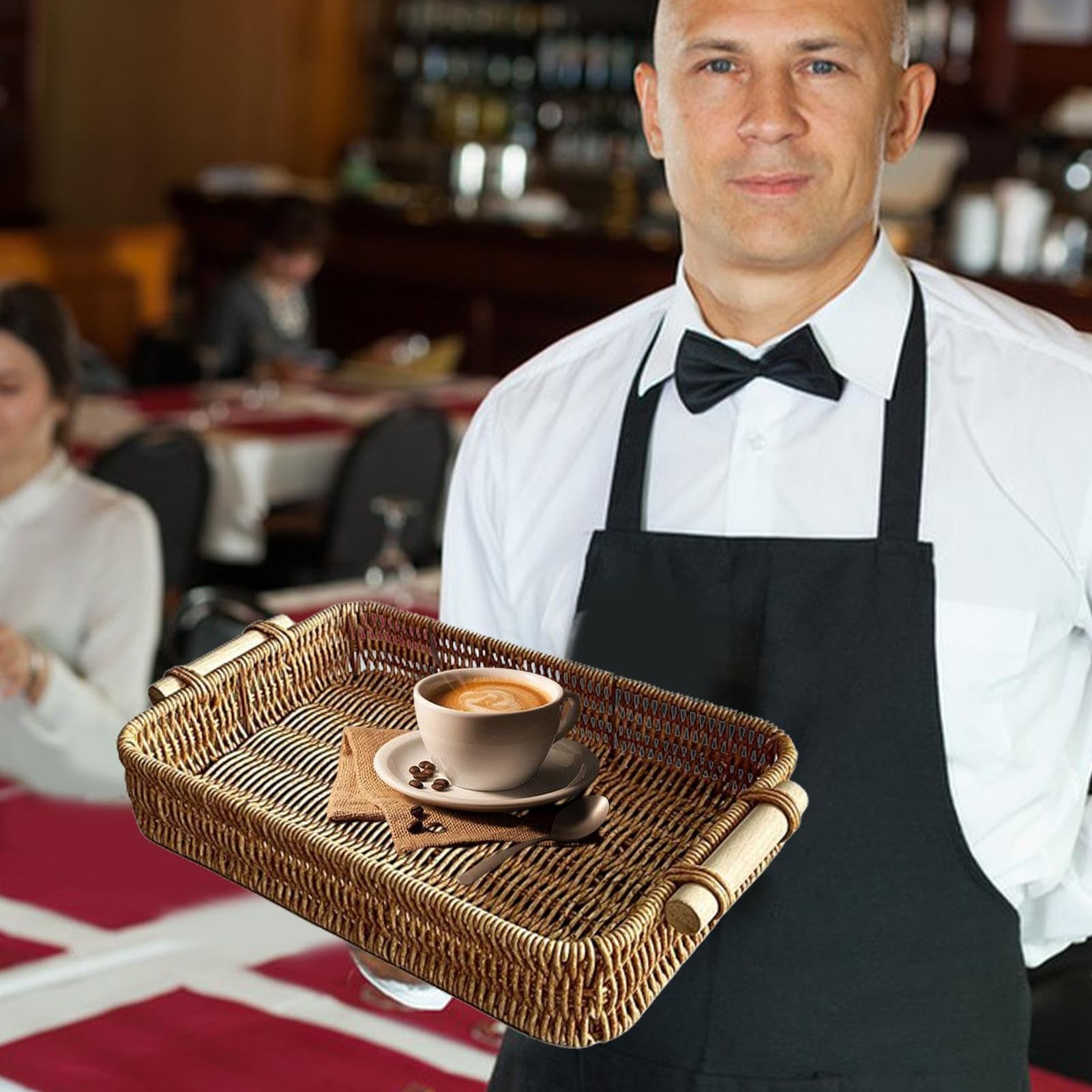 Bandeja de ratán para servir, cesta de mimbre tejida a mano con asas de madera, bandeja rectangular para exhibición de alimentos, mesa de café y tocador de baño, decoración del hogar