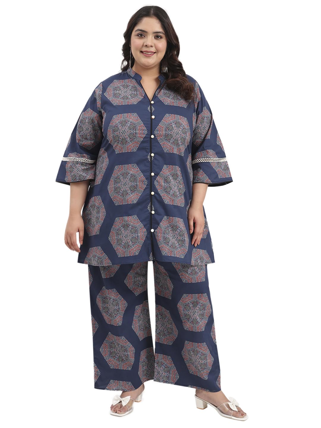Women's Plus Size Pure Cotton Navy Blue Shirt with Palazzo Co-ord Set