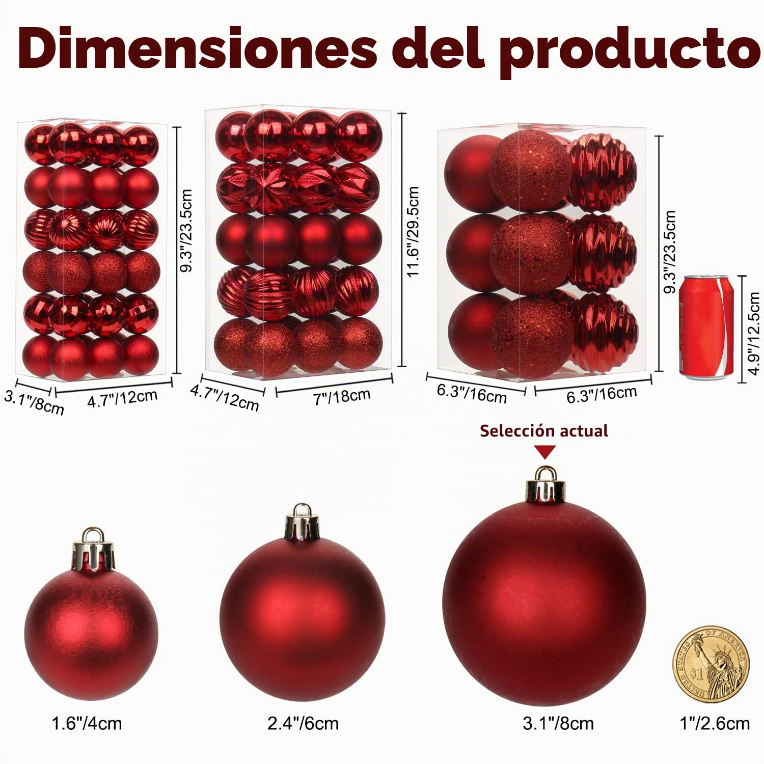Oairse Bolas de Navidad rojas de 8 cm/3,15", 12 adornos de árbol inastillables con cuerdas para colgar, juego de decoraciones grandes para árbol de Navidad para bodas, vacaciones, fiestas, coronas
