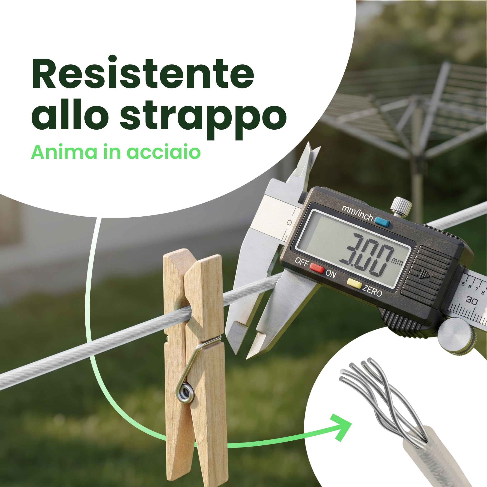 SimplySmooth Stendibiancheria 30m - Corda con anima in acciaio in 3 lunghezze - Extra resistente e robusta - Per giardino, campeggio e stendibiancheria - Corda da esterno
