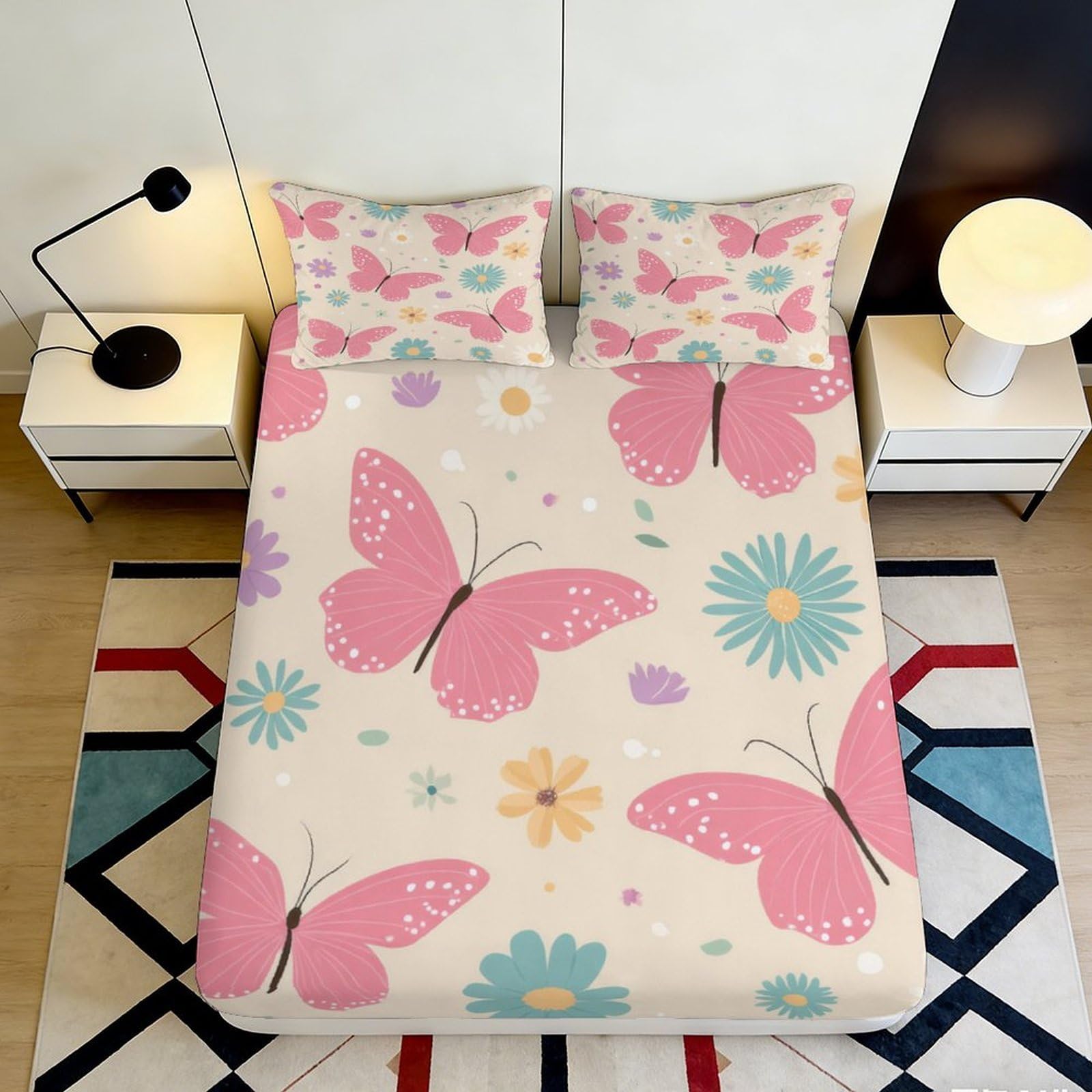 3D Printed Pink Butterfly Fitted Sheet Microfiber Soft Breathable Floral Bed Cover for Bedroom Dormitory Guest Room Mattress Protection 120x200x25cm