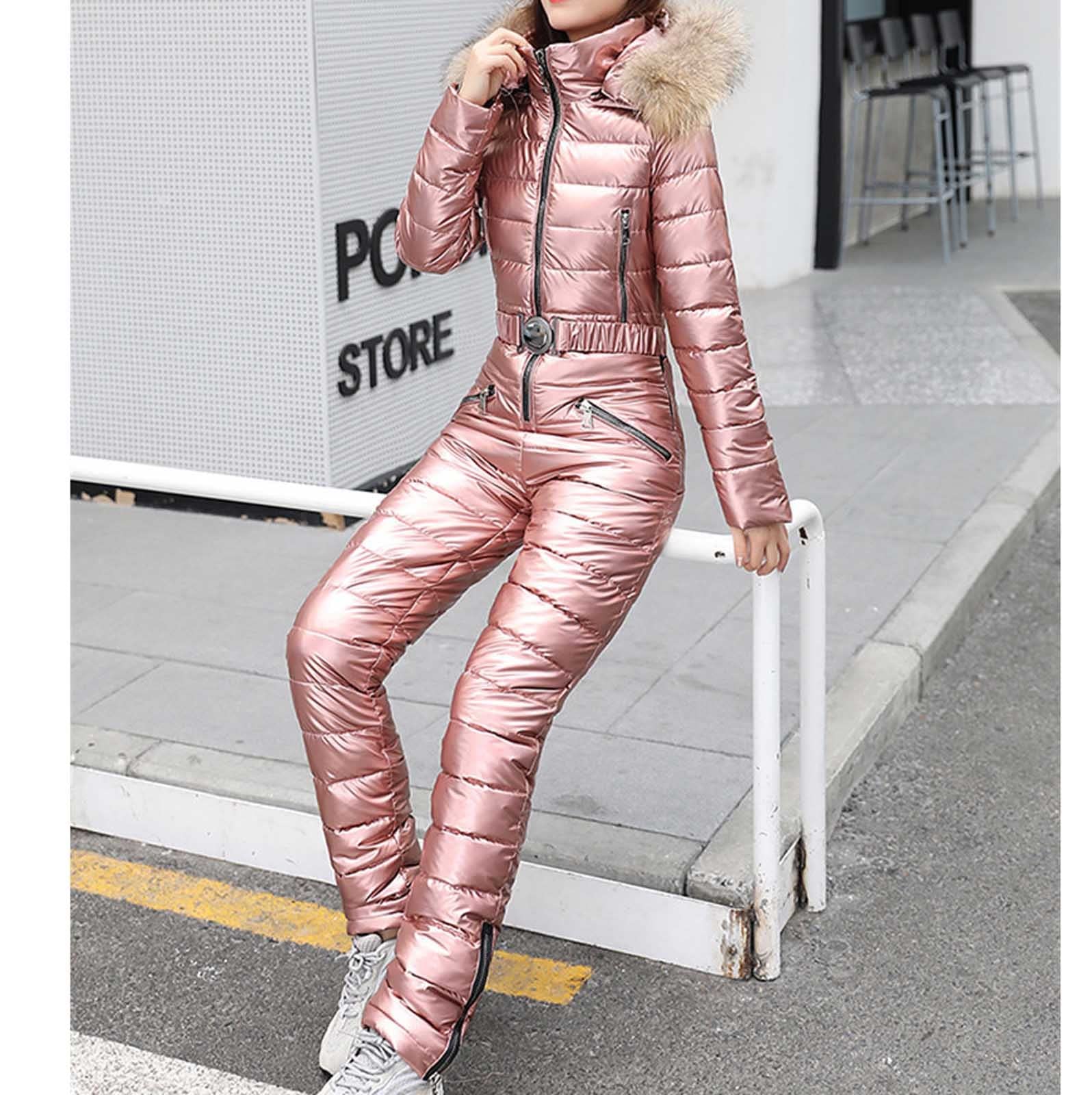 IQYU Tuta da sci da donna, tuta da neve, impermeabile, con cappuccio in pelliccia, giacca da snowboard, giacca da sci lunga, giacca da sci termica, giacca da neve calda, set da sci
